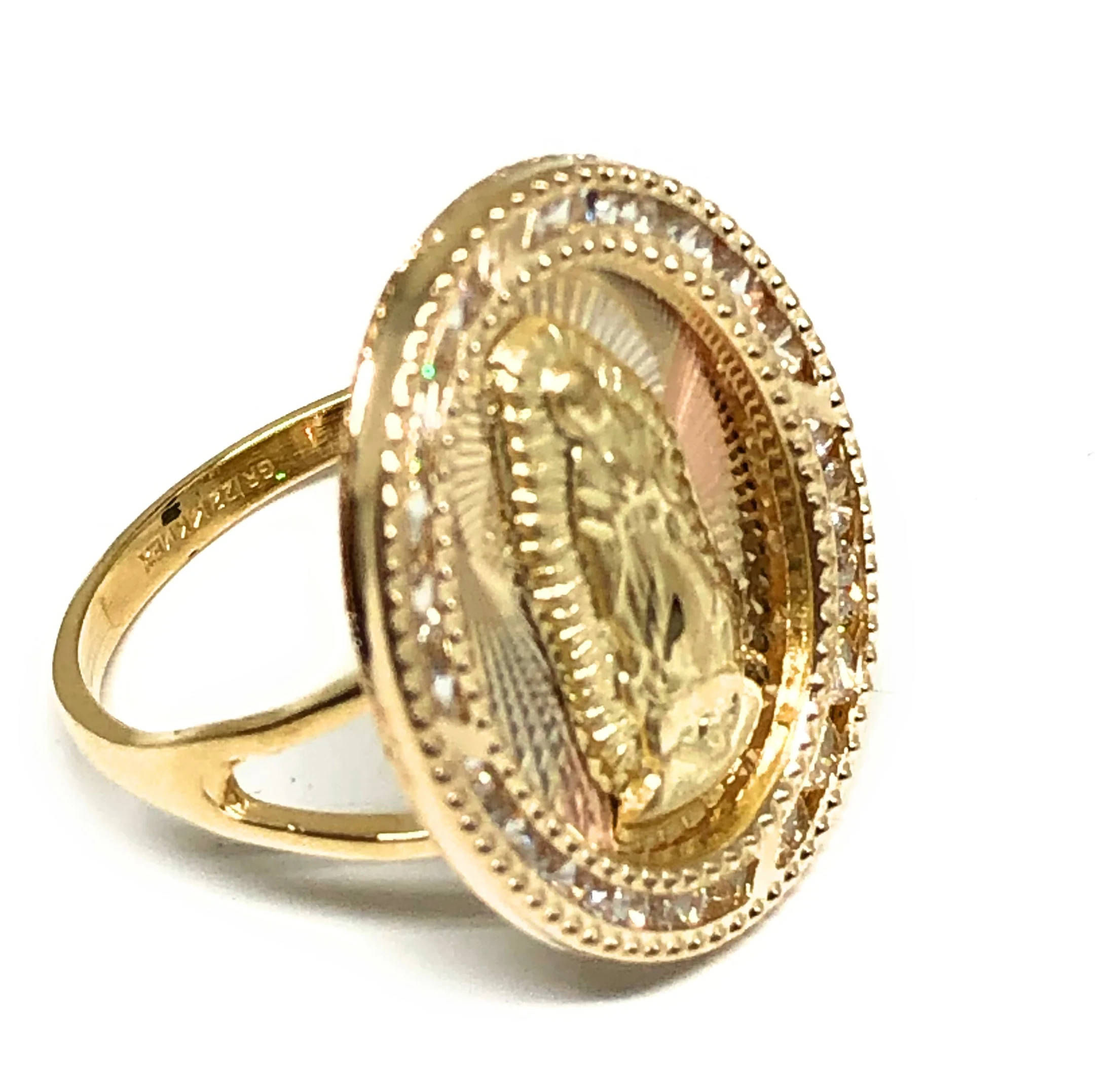 14k Solid Gold Tri-Color Virrgin Mary CZ Oval Ring - Image 2