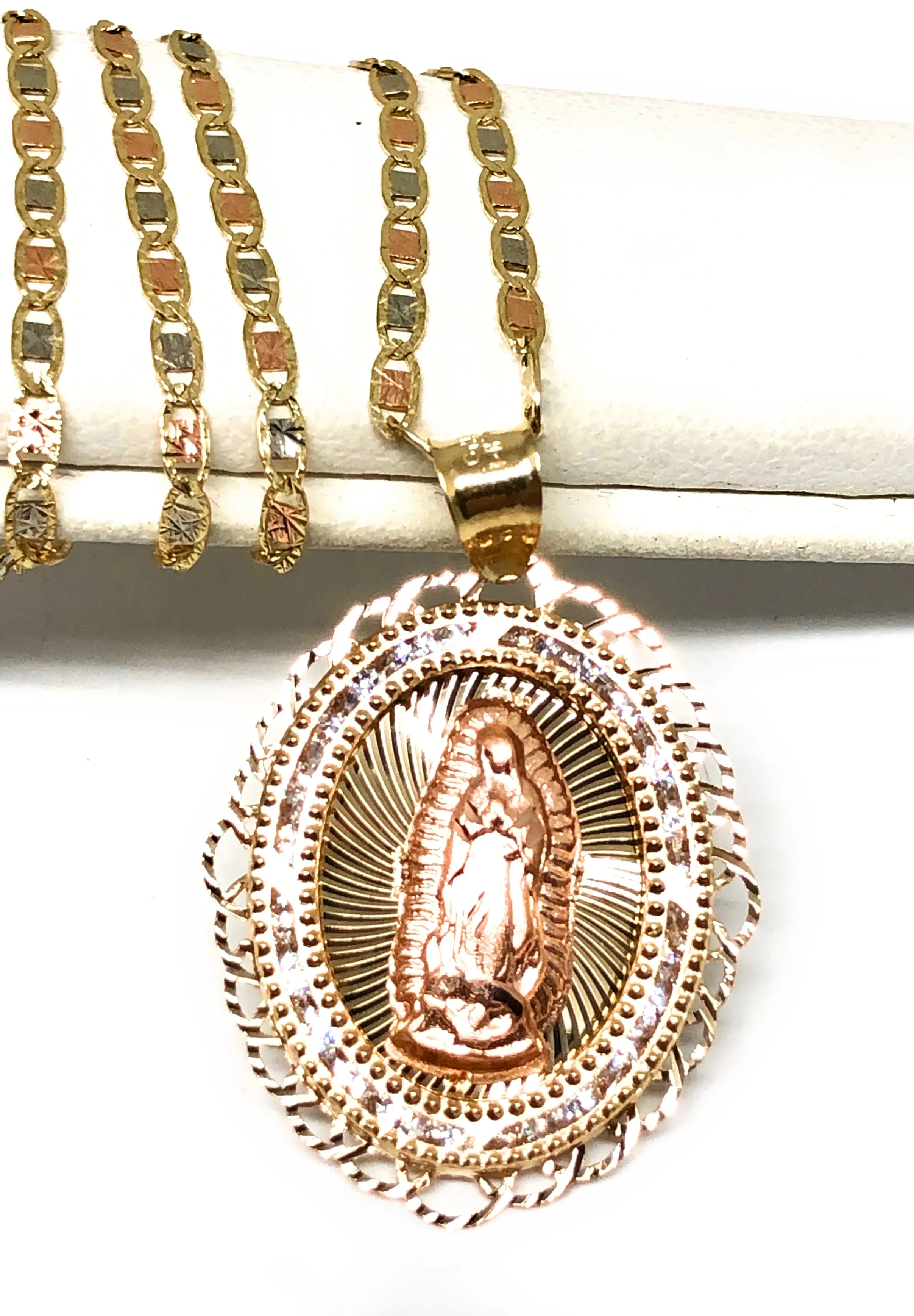 14k Solid Gold Tri-Color Virrgin Mary CZ Pendant Necklace Virrgen Gaudalupe Valentina Chain