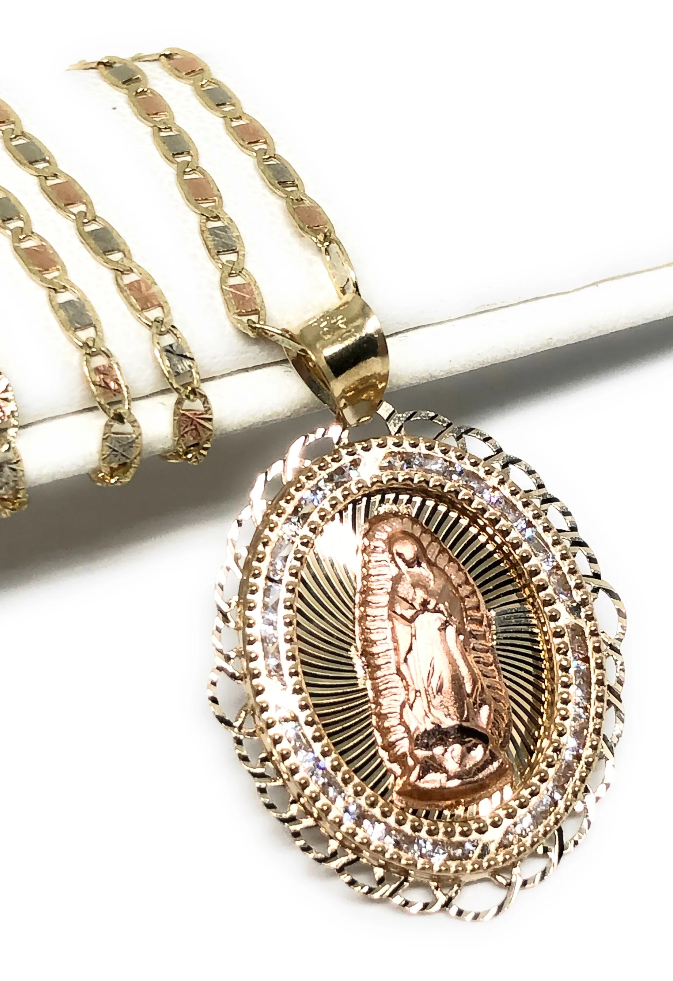 14k Solid Gold Tri-Color Virrgin Mary CZ Pendant Necklace Virrgen Gaudalupe Valentina Chain - Image 3