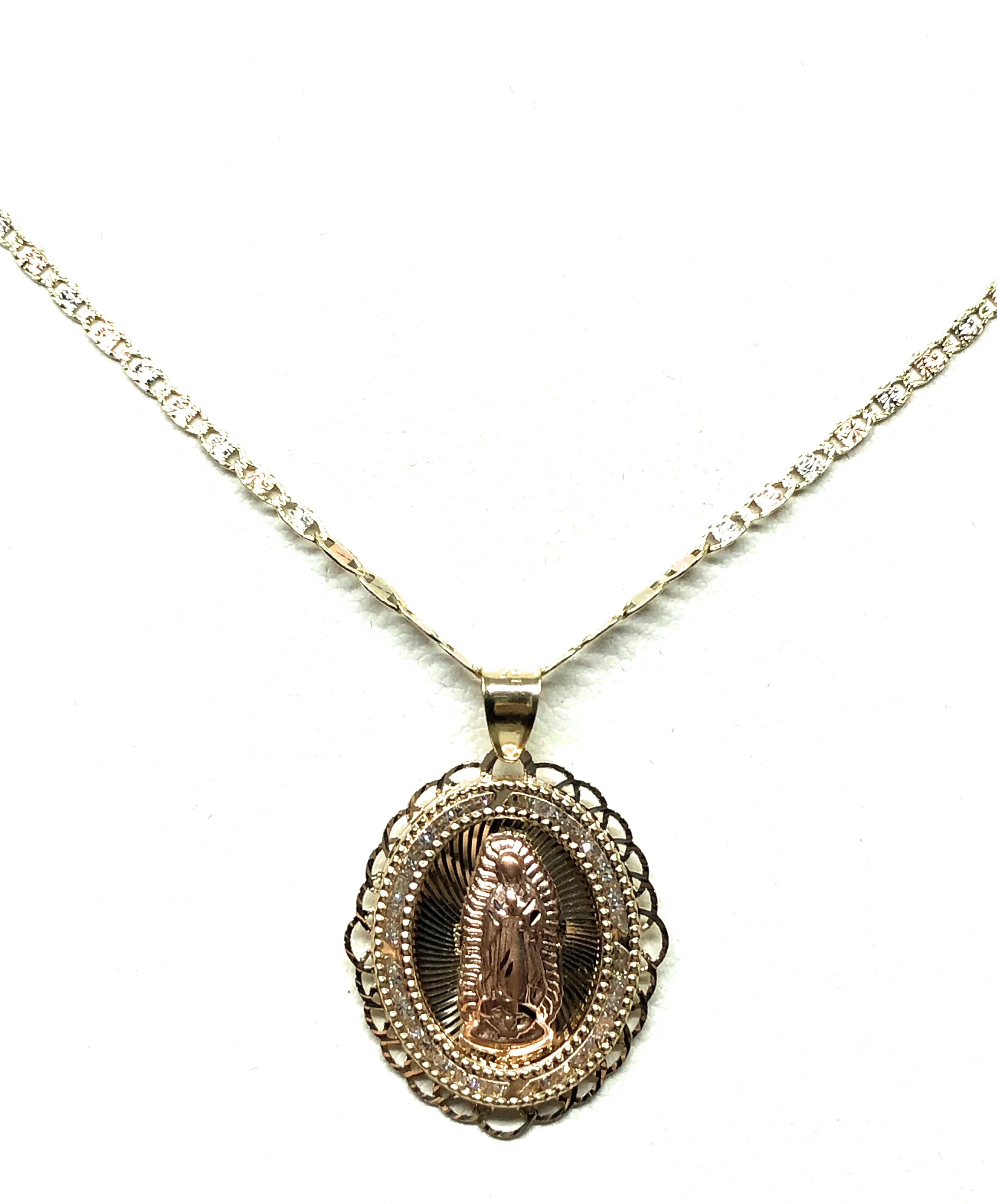 14k Solid Gold Tri-Color Virrgin Mary CZ Pendant Necklace Virrgen Gaudalupe Valentina Chain - Image 4