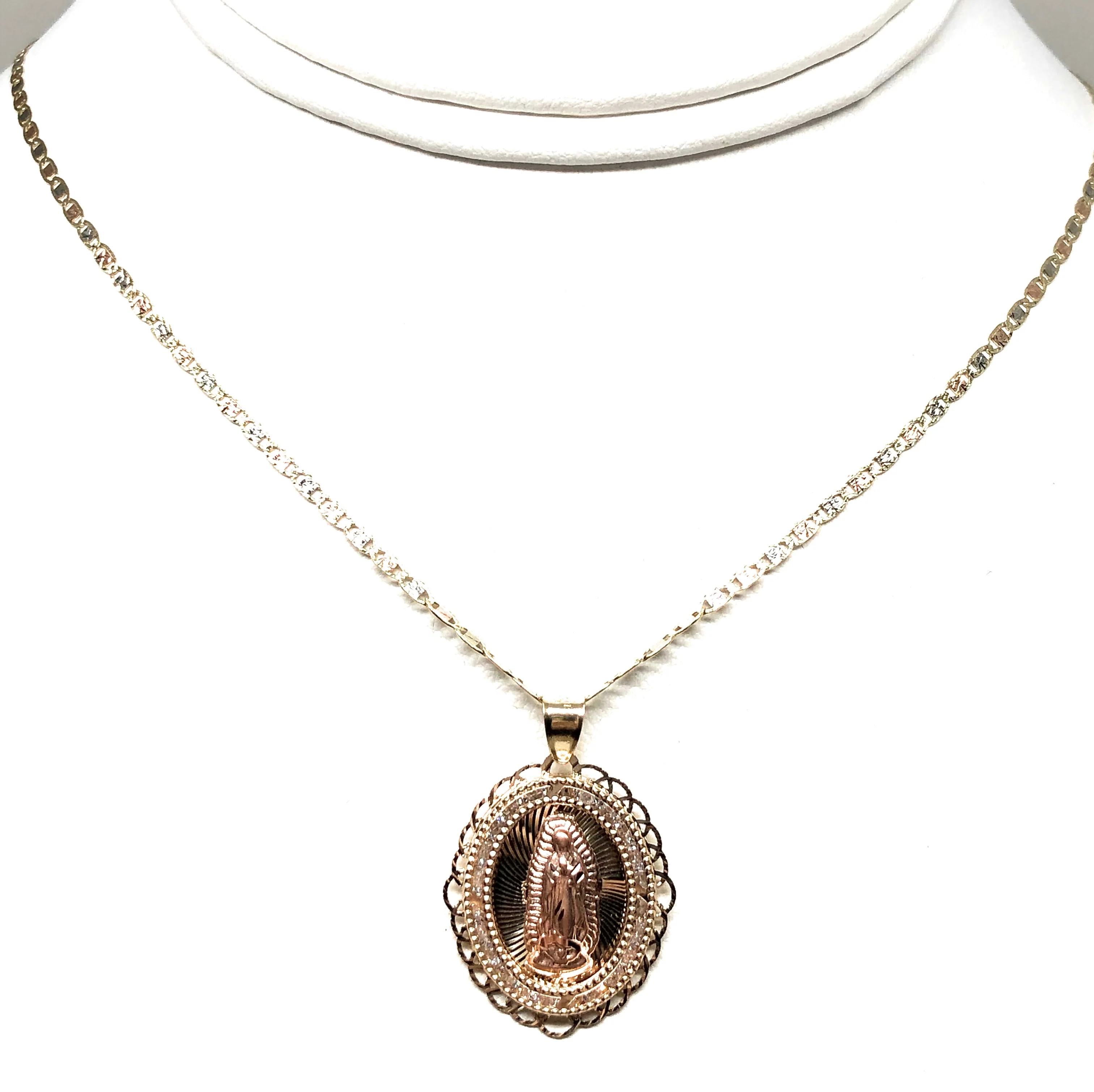 14k Solid Gold Tri-Color Virrgin Mary CZ Pendant Necklace Virrgen Gaudalupe Valentina Chain - Image 5