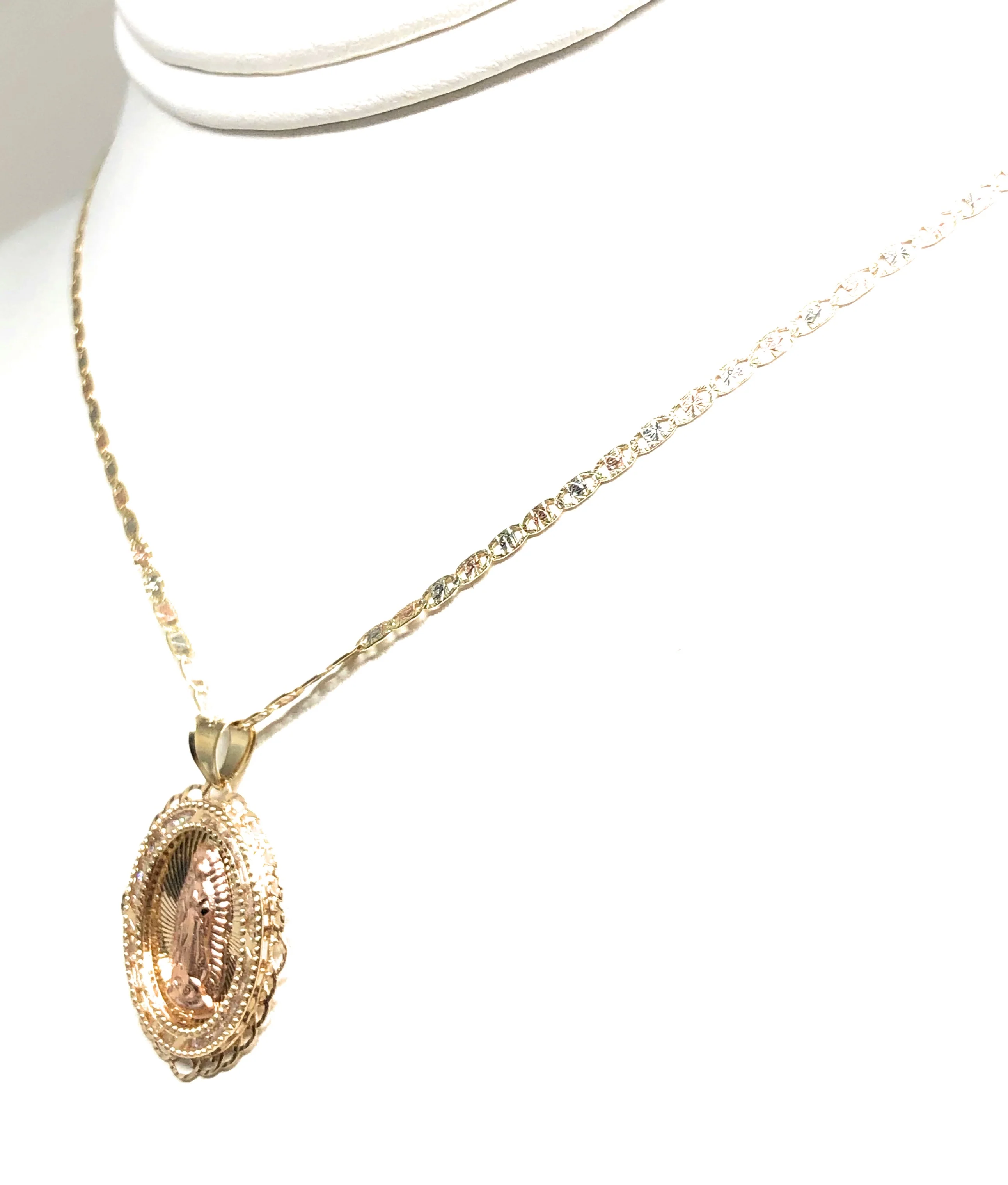 14k Solid Gold Tri-Color Virrgin Mary CZ Pendant Necklace Virrgen Gaudalupe Valentina Chain - Image 7