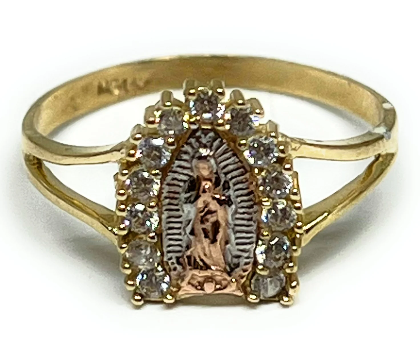 14k Solid Gold Tri-Color Virrgin Mary CZ Ring