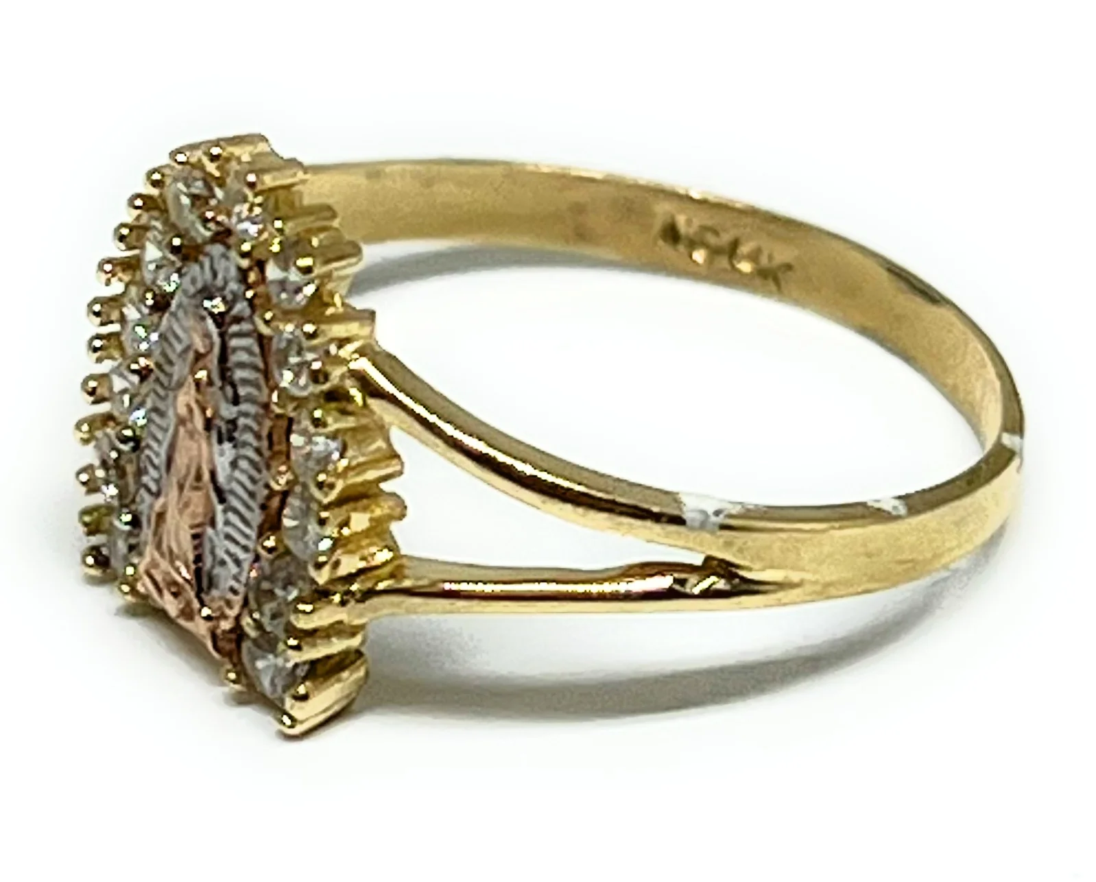 14k Solid Gold Tri-Color Virrgin Mary CZ Ring - Image 2
