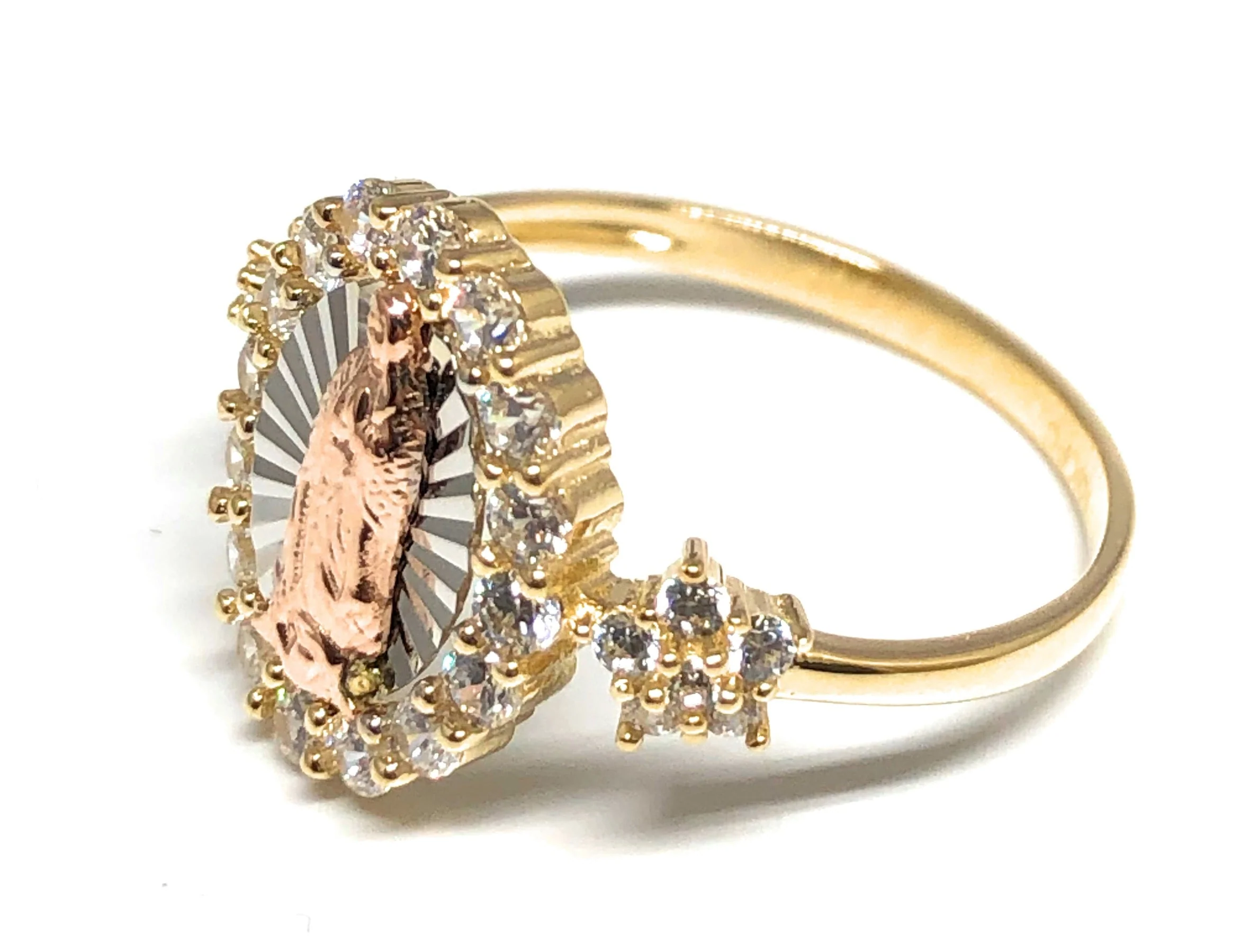 14k Solid Gold Tri-Color Virrgin Mary CZ Ring (FC 207) - Image 2