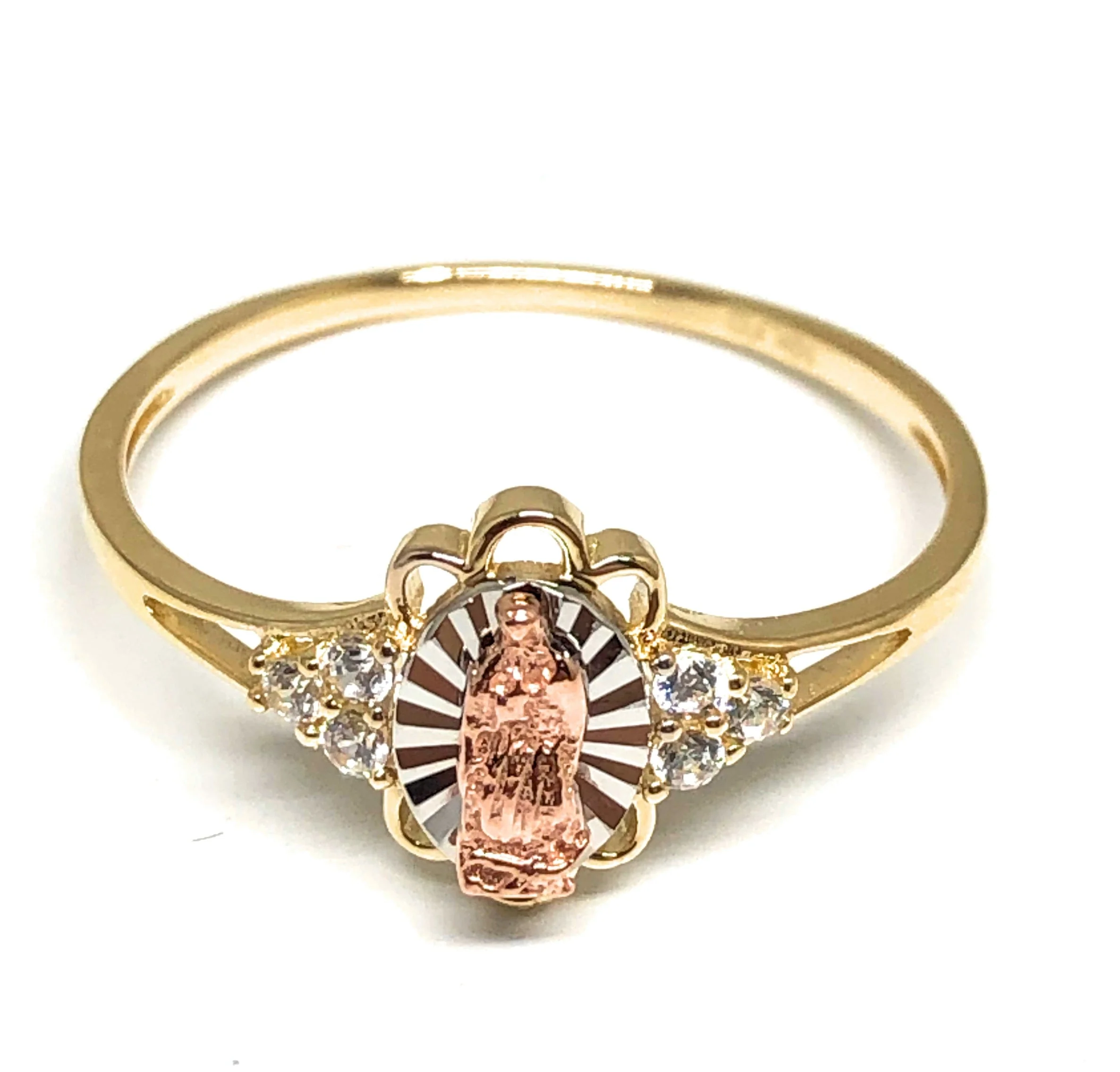 14k Solid Gold Tri-Color Virrgin Mary CZ Ring (FC 212)