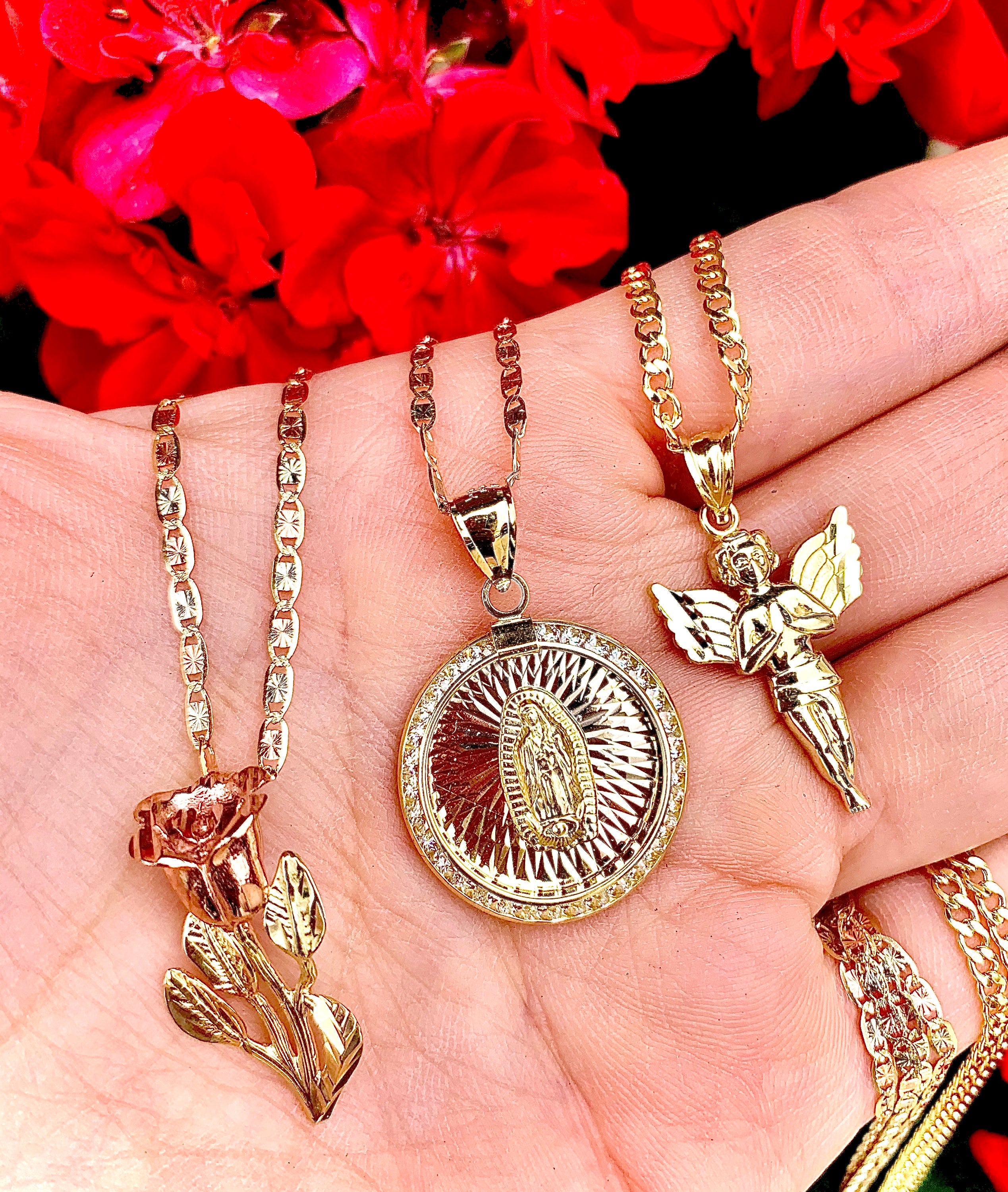 14k Solid Gold Tri-Color Virrgin Mary CZ Round Pendant Necklace Virrgen Gaudalupe (MED) - Image 8