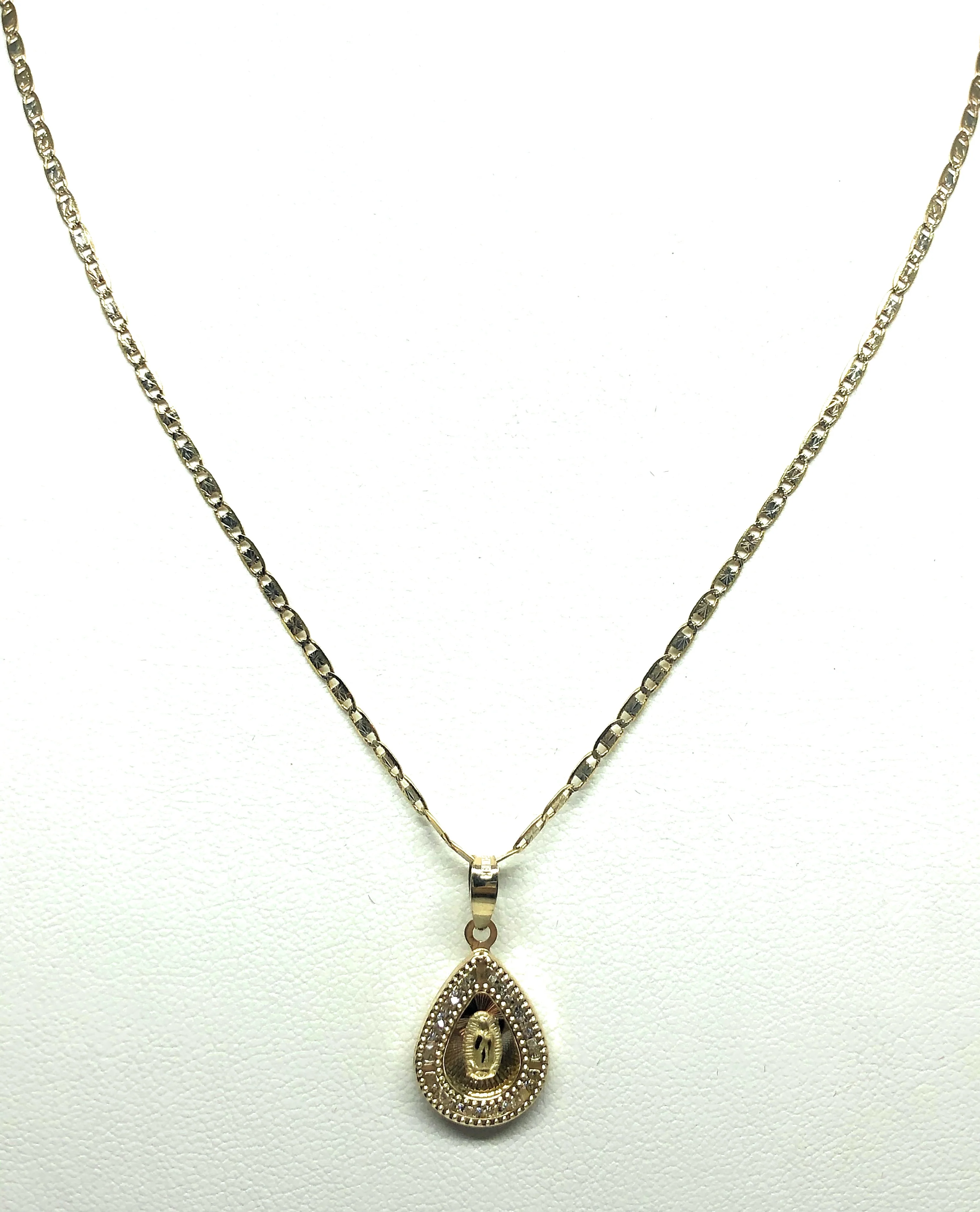 14k Solid Gold Tri-Color Virrgin Mary CZ Teardrop Pendant Necklace Virrgen Gaudalupe - Image 5