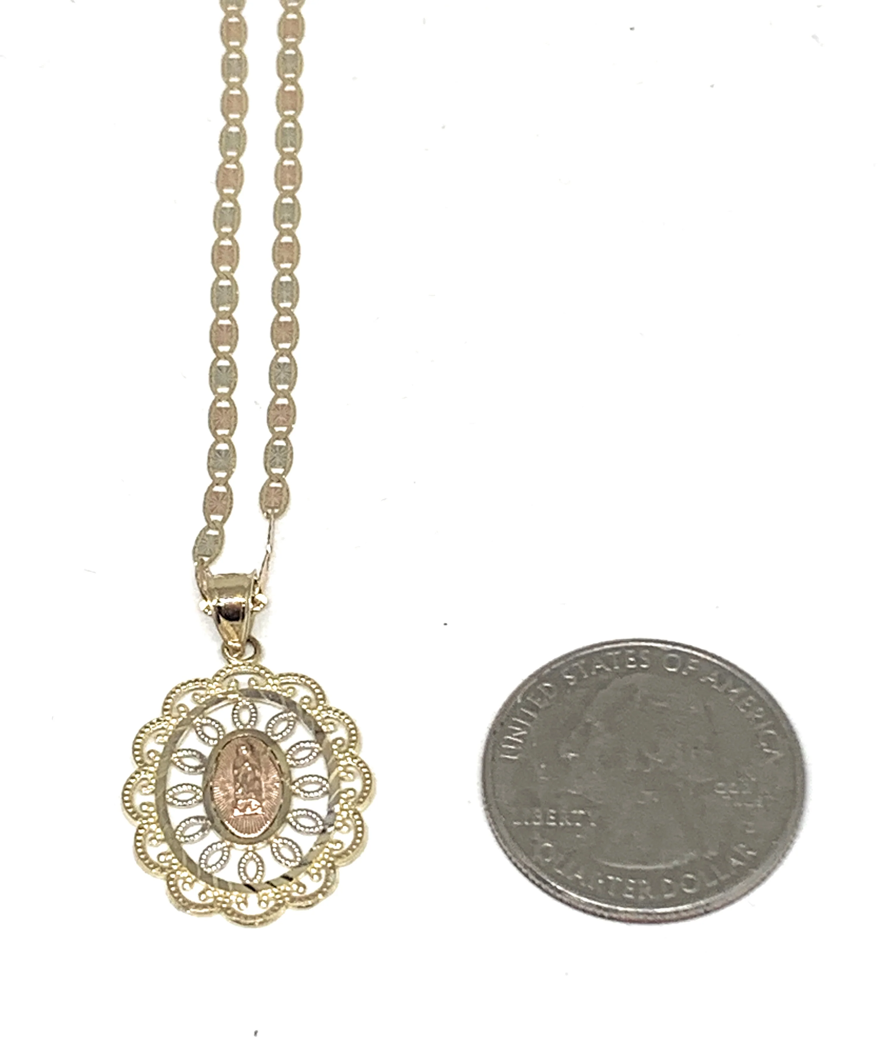 14k Solid Gold Tri-Color Virrgin Mary Filigran Pendant Virrgen Guadalupe Necklace - Image 2