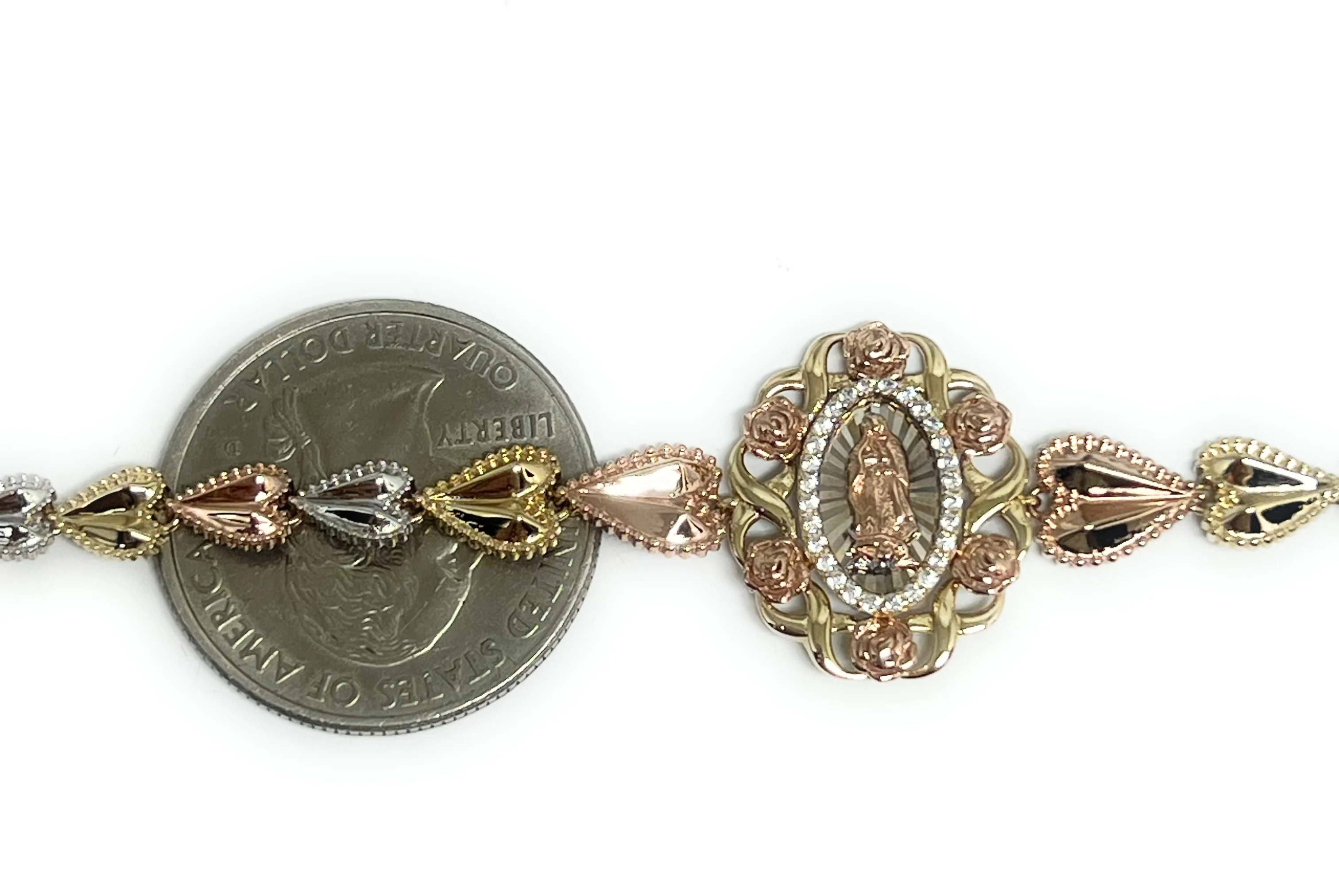 14k Solid Gold Tri-Color Virrgin Mary FLOWER Brracelet 7.5-8 inch Virrgen Guadalupe (FC) - Image 2