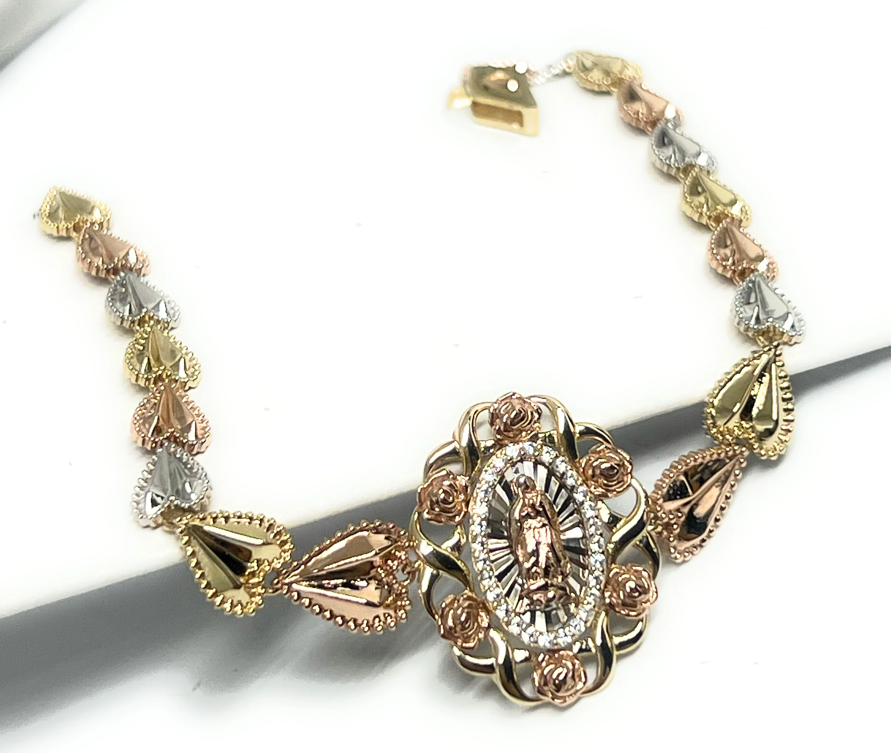 14k Solid Gold Tri-Color Virrgin Mary FLOWER Brracelet 7.5-8 inch Virrgen Guadalupe (FC) - Image 4
