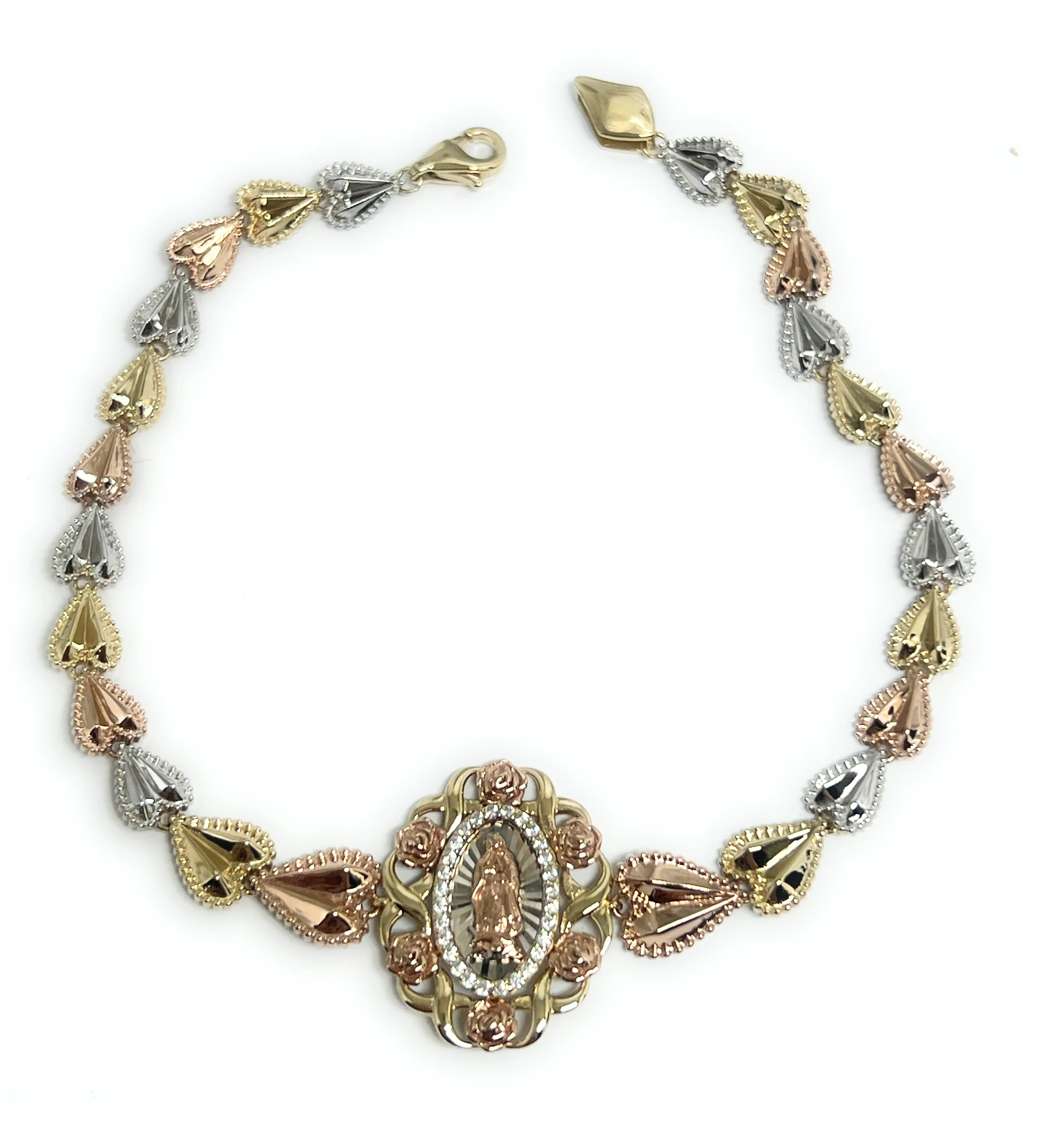14k Solid Gold Tri-Color Virrgin Mary FLOWER Brracelet 7.5-8 inch Virrgen Guadalupe (FC) - Image 5
