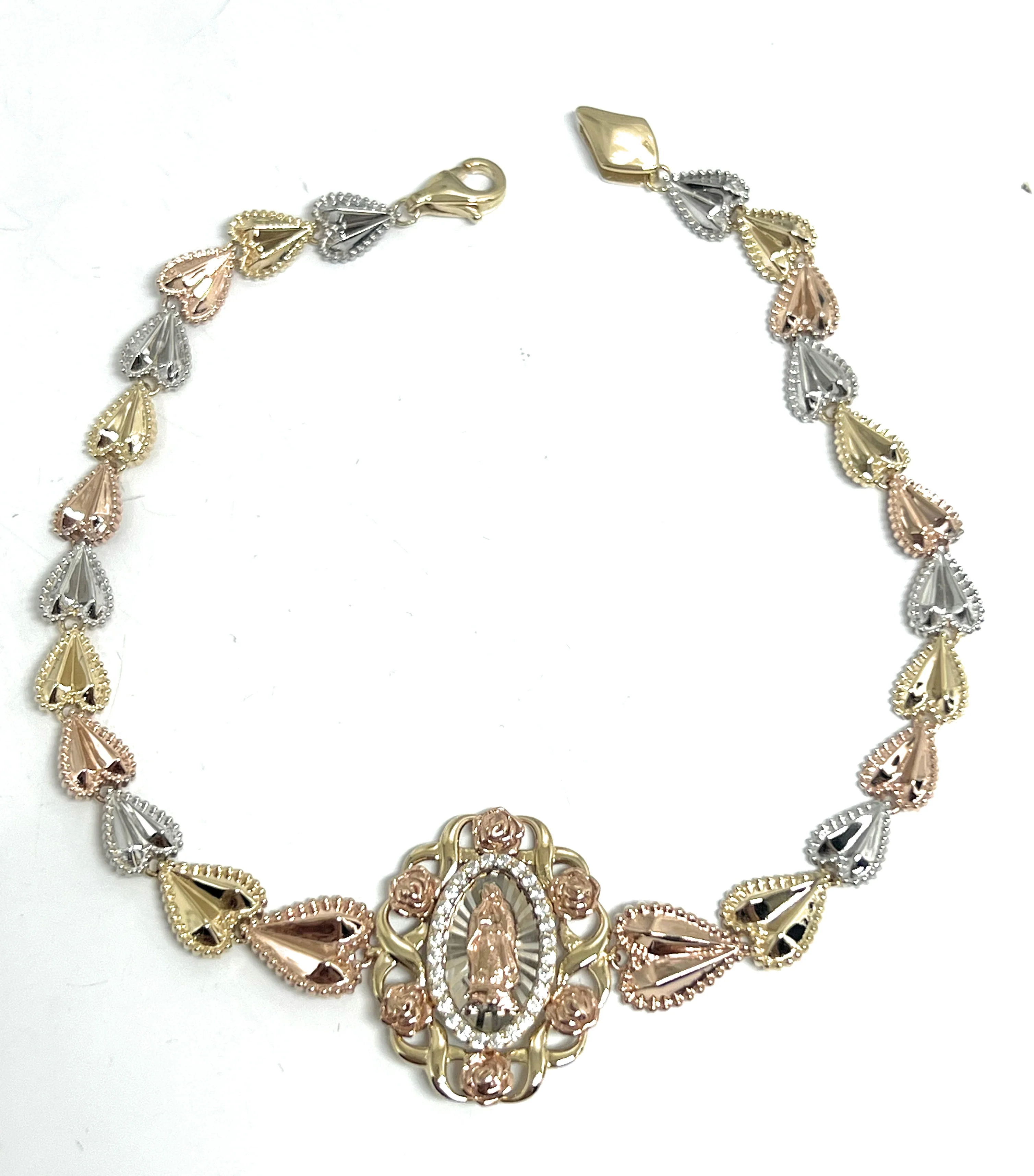 14k Solid Gold Tri-Color Virrgin Mary FLOWER Brracelet 7.5-8 inch Virrgen Guadalupe (FC) - Image 6