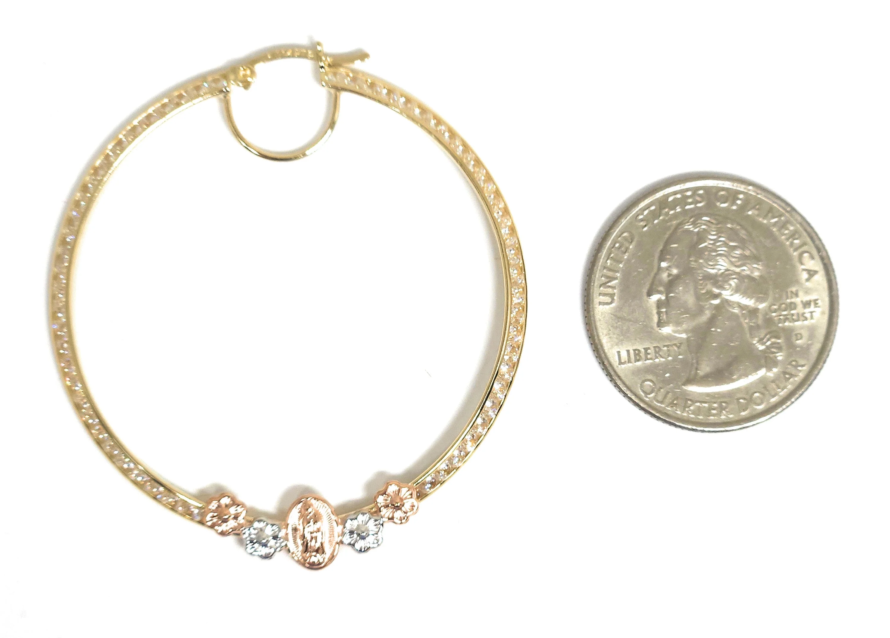 14k Solid Gold Tri-Color Virrgin Mary FLOWER CZ Hoop Earrings - Image 2