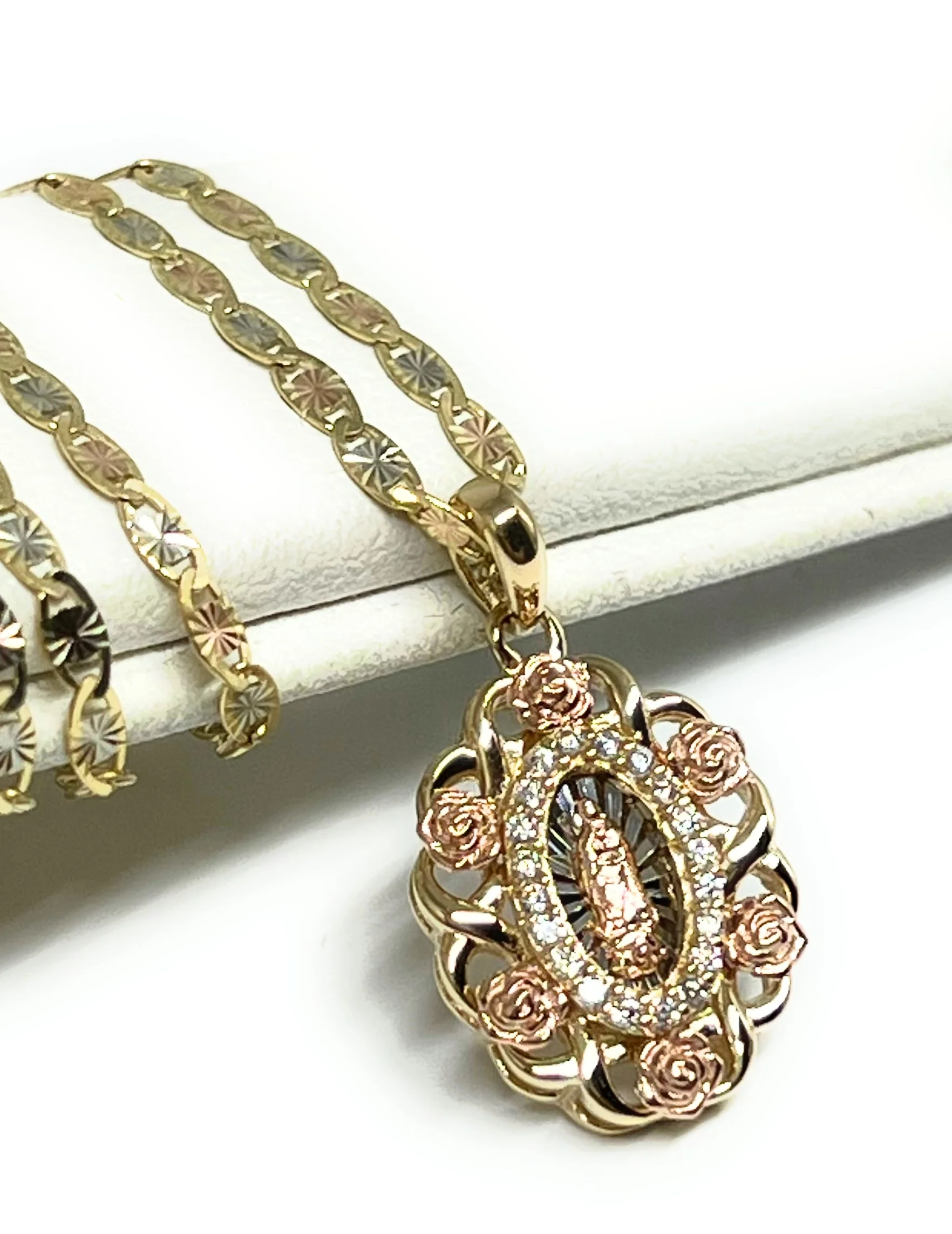 14k Solid Gold Tri-Color Virrgin Mary Flower CZ SMALL MINI Pendant Necklace Virrgen Gaudalupe (SM) (FC) - Image 3