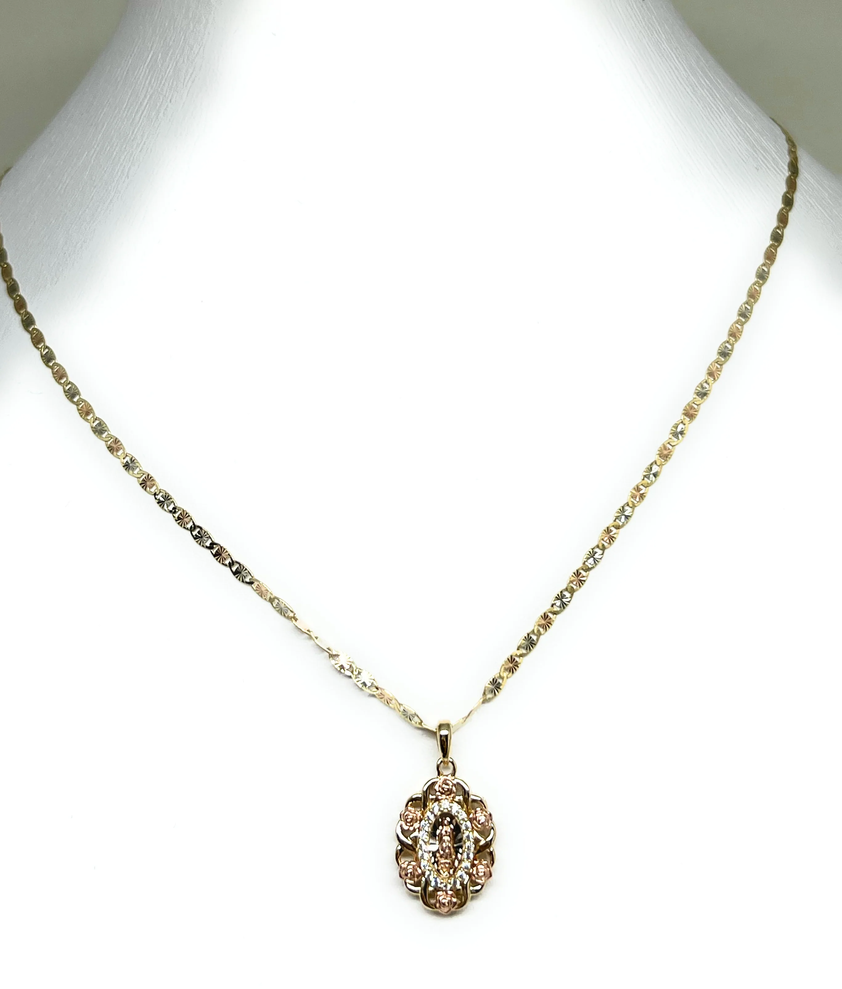 14k Solid Gold Tri-Color Virrgin Mary Flower CZ SMALL MINI Pendant Necklace Virrgen Gaudalupe (SM) (FC) - Image 6