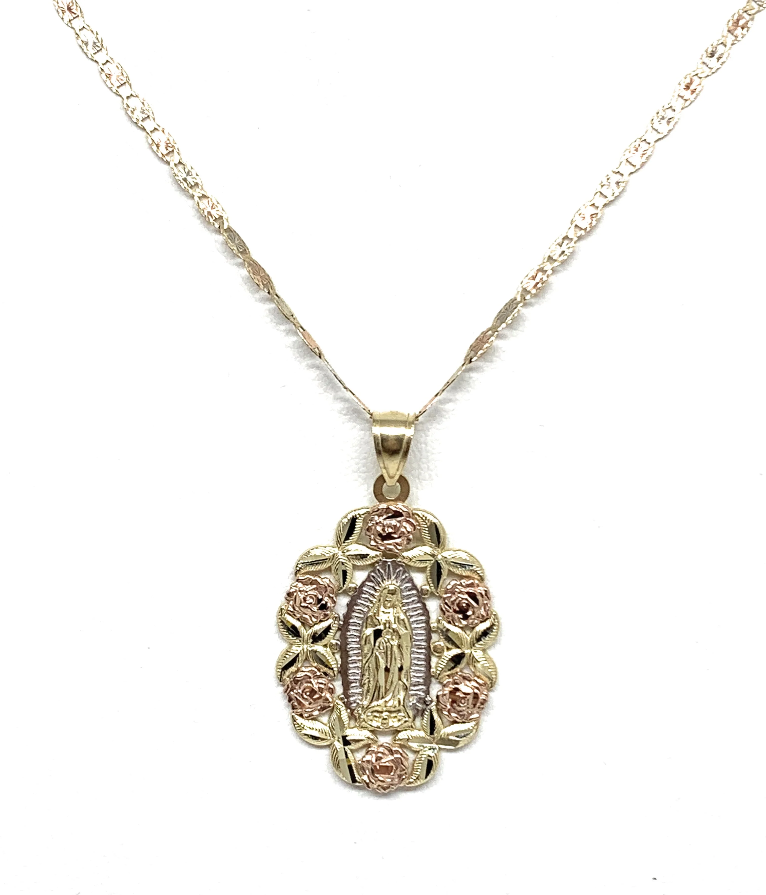14k Solid Gold Tri-Color Virrgin Mary Flower Pendant Necklace Virrgen Gaudalupe Valentina Chain (LG) - Image 4