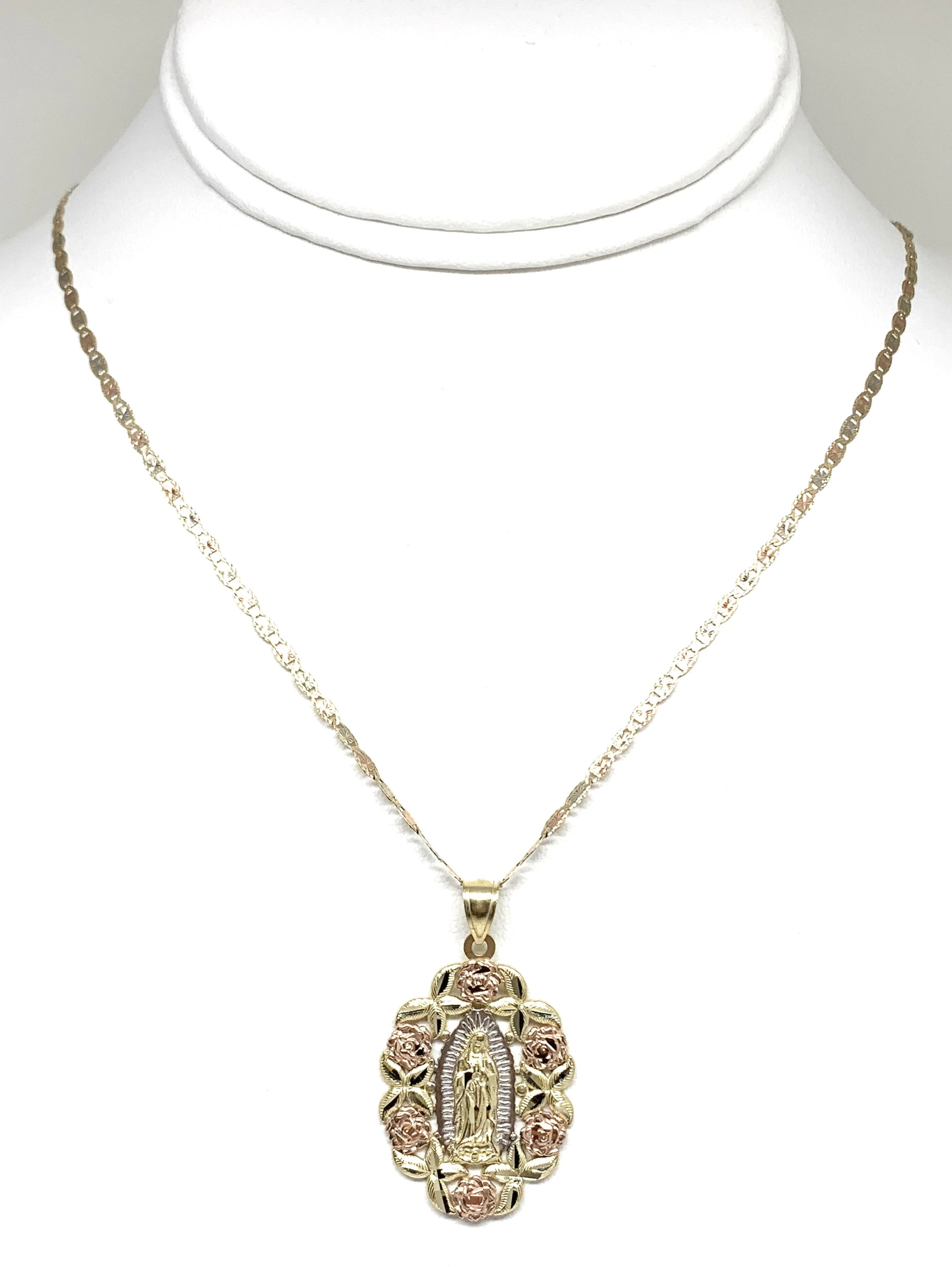 14k Solid Gold Tri-Color Virrgin Mary Flower Pendant Necklace Virrgen Gaudalupe Valentina Chain (LG) - Image 5