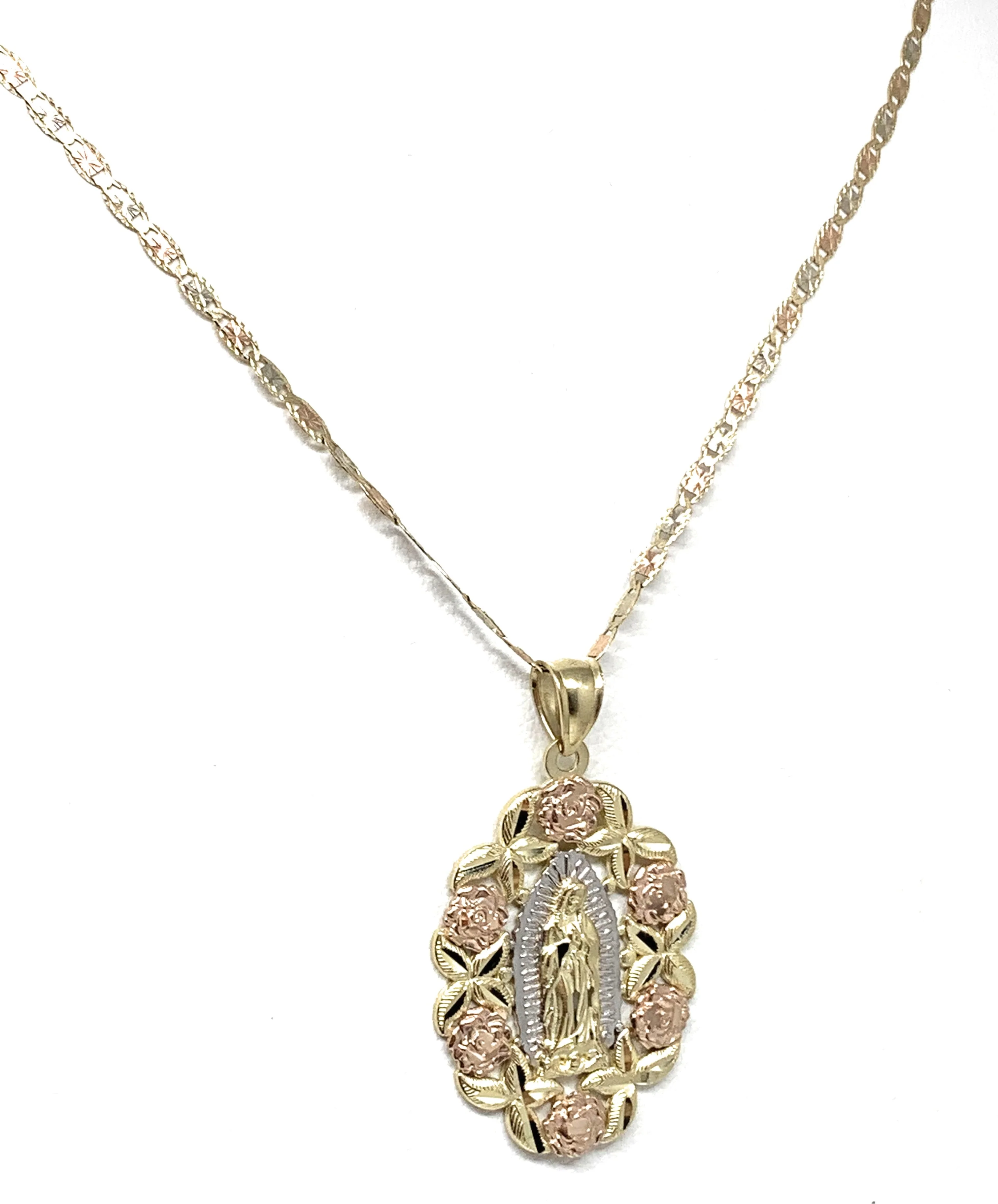 14k Solid Gold Tri-Color Virrgin Mary Flower Pendant Necklace Virrgen Gaudalupe Valentina Chain (LG) - Image 6