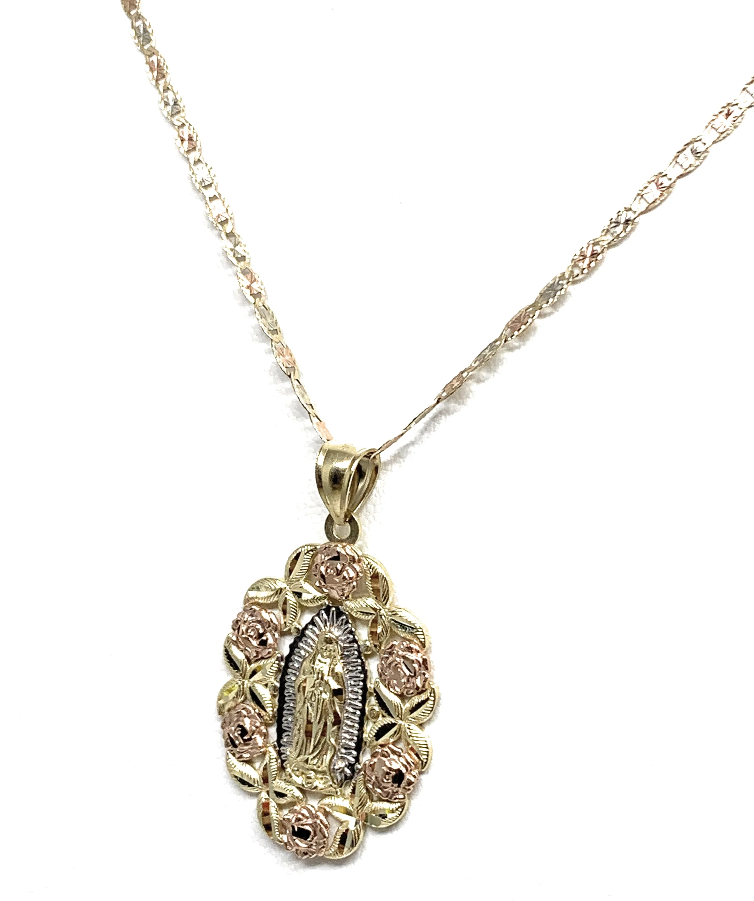 14k Solid Gold Tri-Color Virrgin Mary Flower Pendant Necklace Virrgen Gaudalupe Valentina Chain (LG) - Image 7