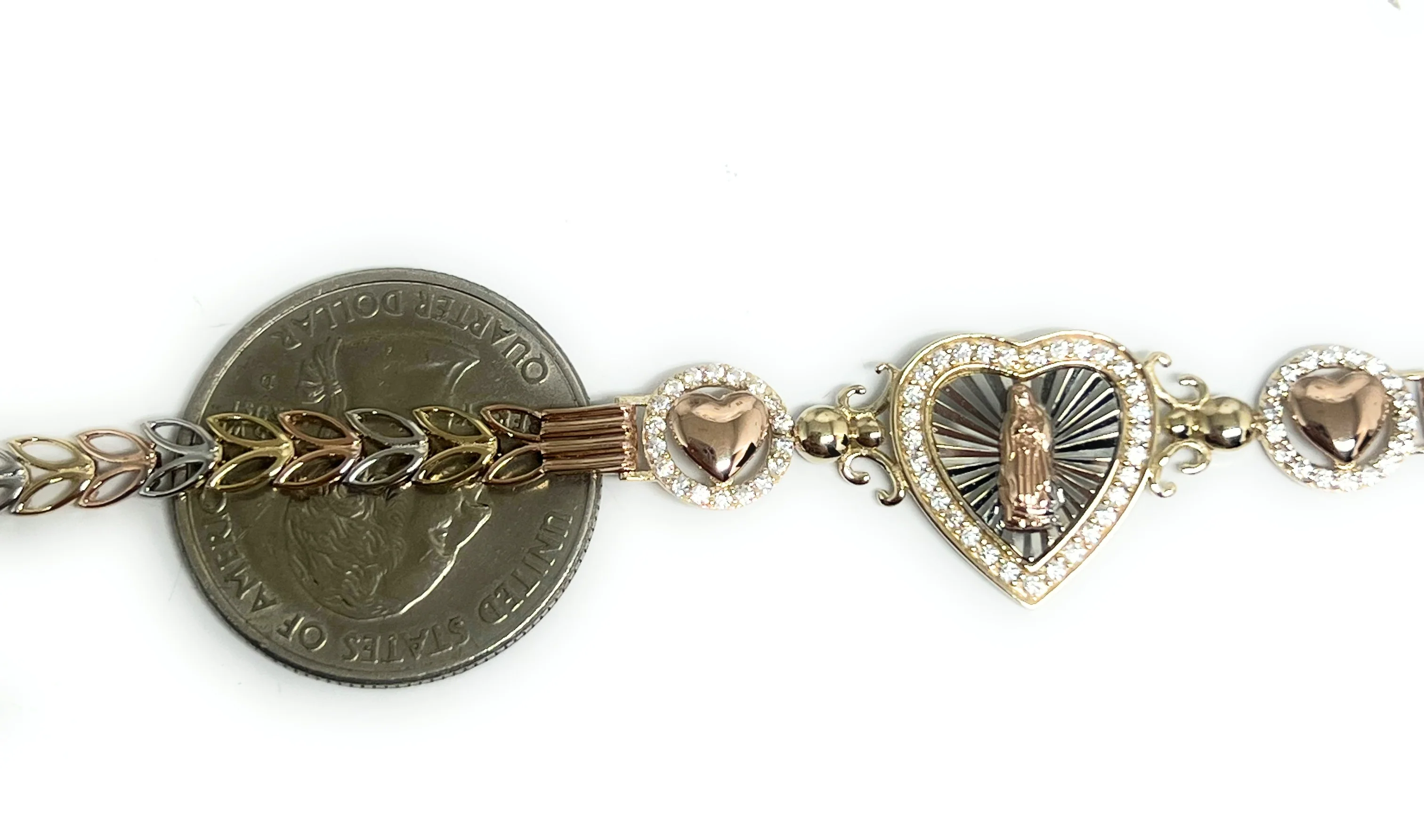 14k Solid Gold Tri-Color Virrgin Mary HEART Brracelet 7.5-8 inch Virrgen Guadalupe (FC) - Image 2