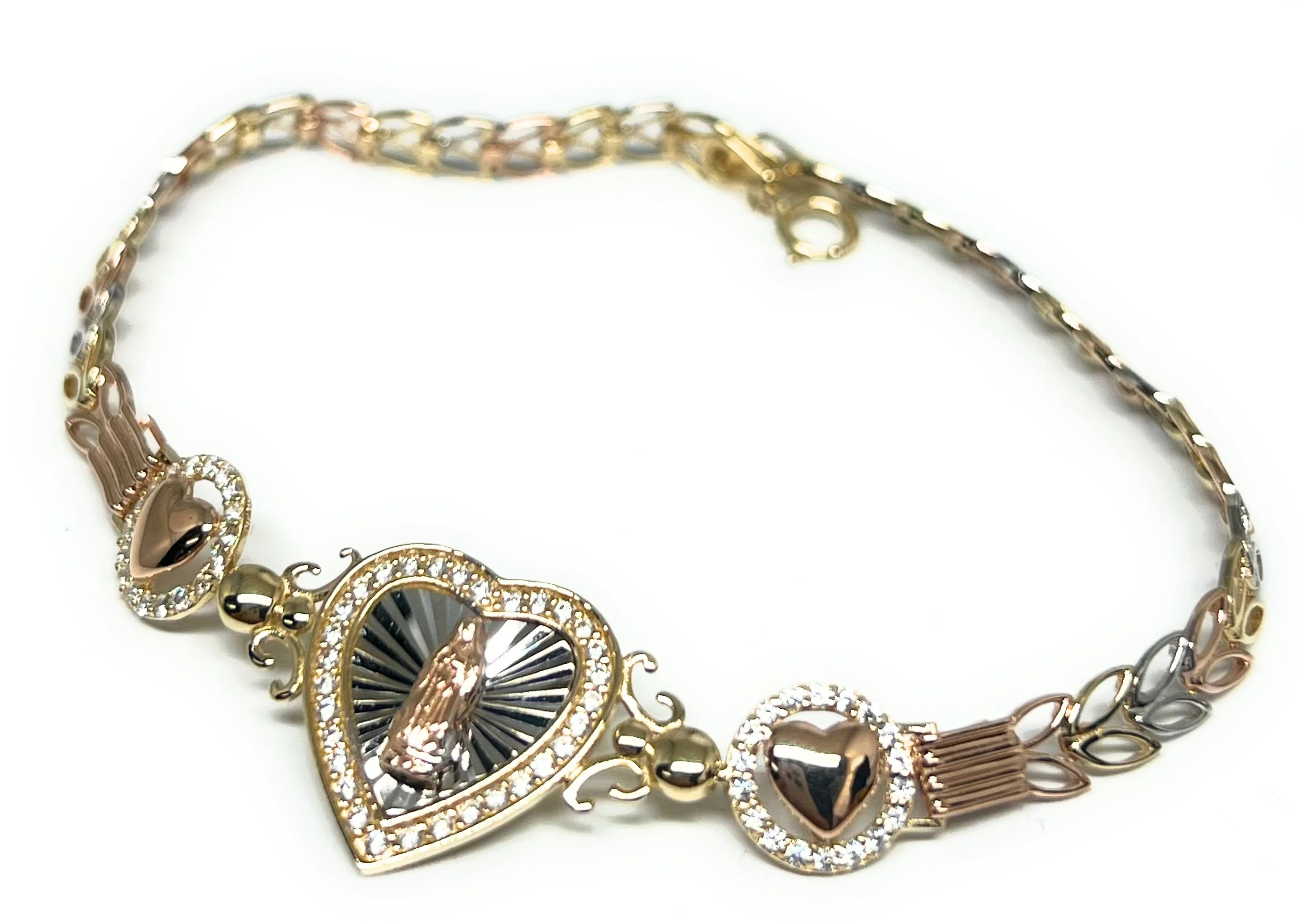 14k Solid Gold Tri-Color Virrgin Mary HEART Brracelet 7.5-8 inch Virrgen Guadalupe (FC) - Image 3