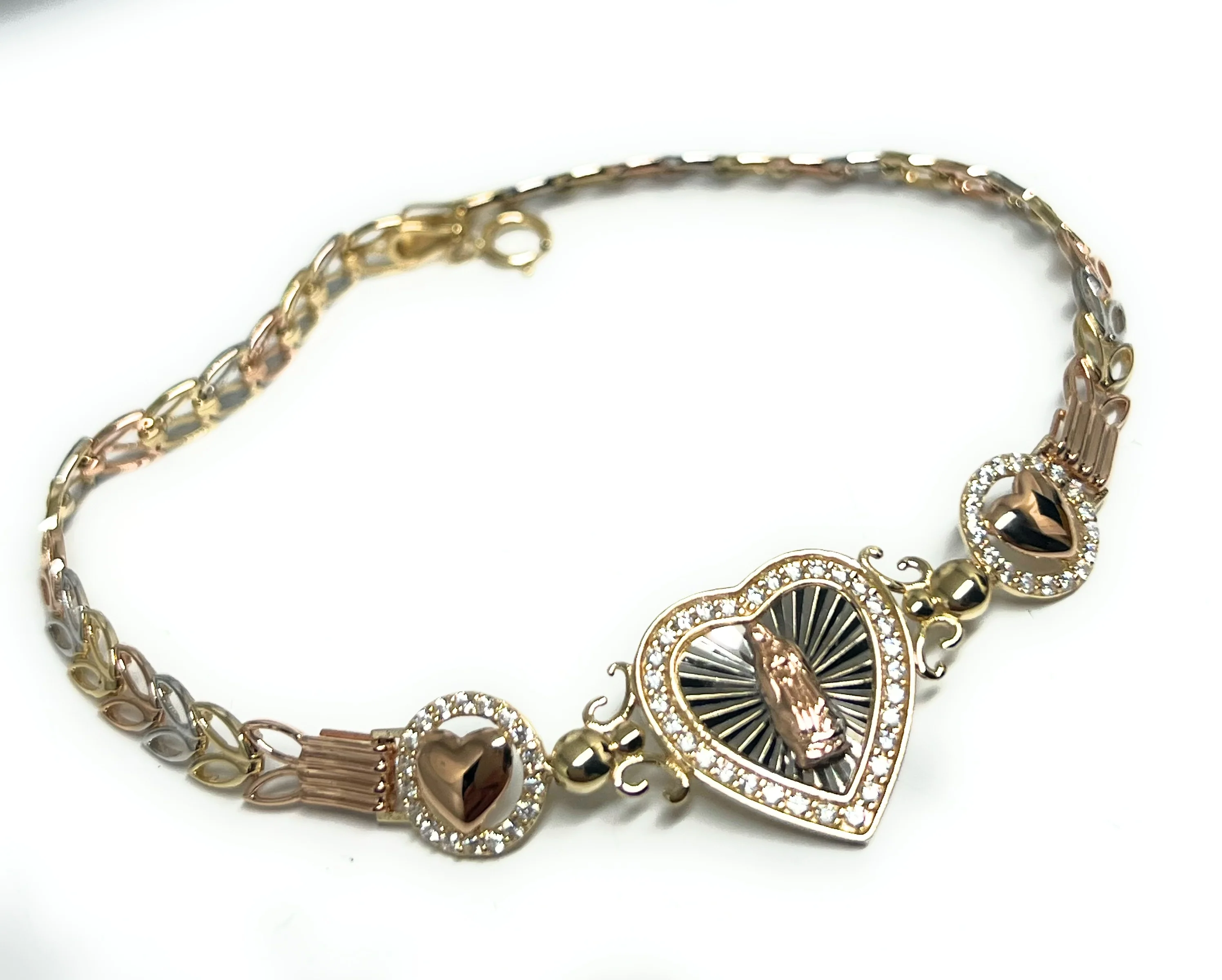 14k Solid Gold Tri-Color Virrgin Mary HEART Brracelet 7.5-8 inch Virrgen Guadalupe (FC) - Image 4