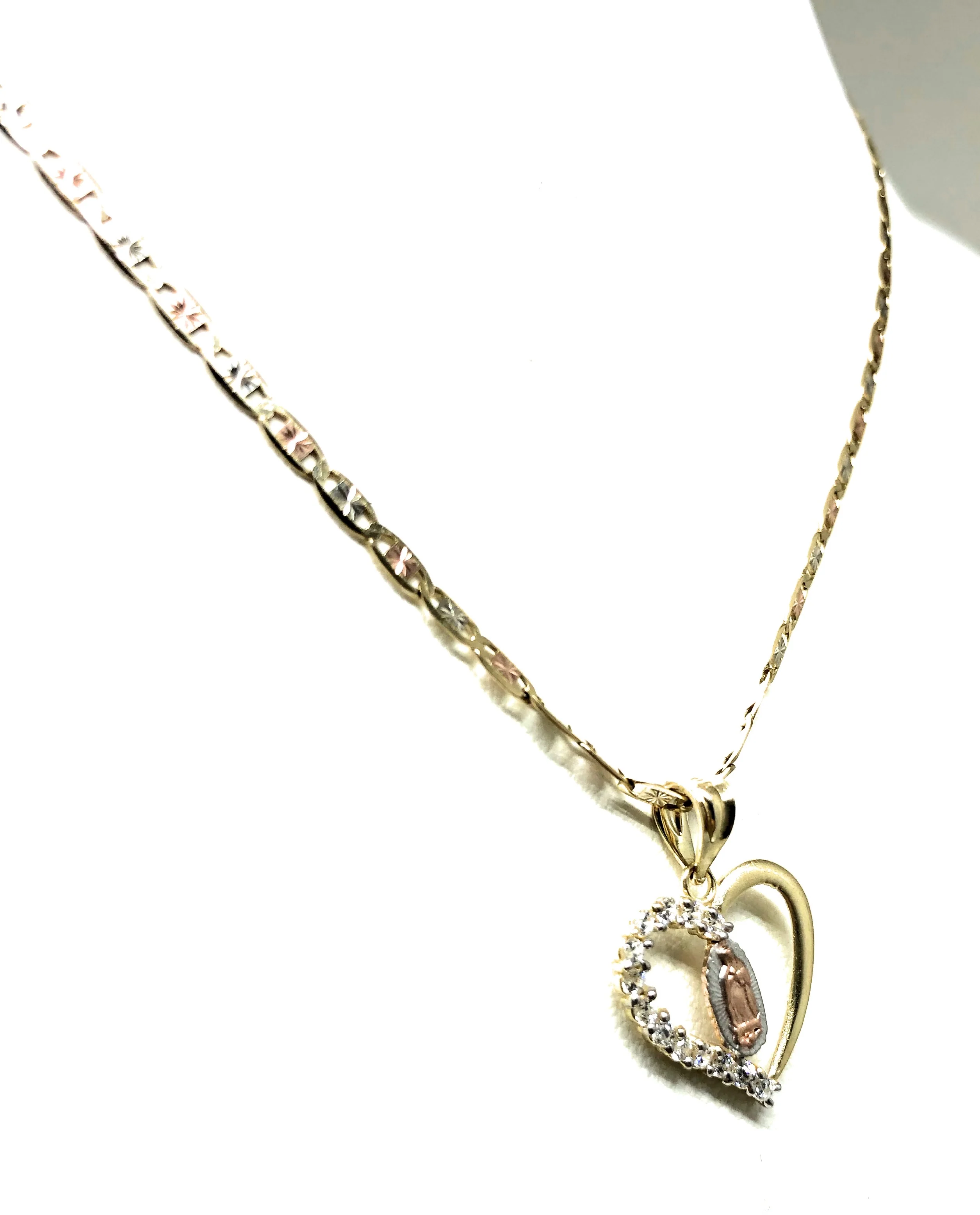 14k Solid Gold Tri-Color Virrgin Mary Heart CZ Pendant Necklace Virrgen Gaudalupe Valentina Chain - Image 6