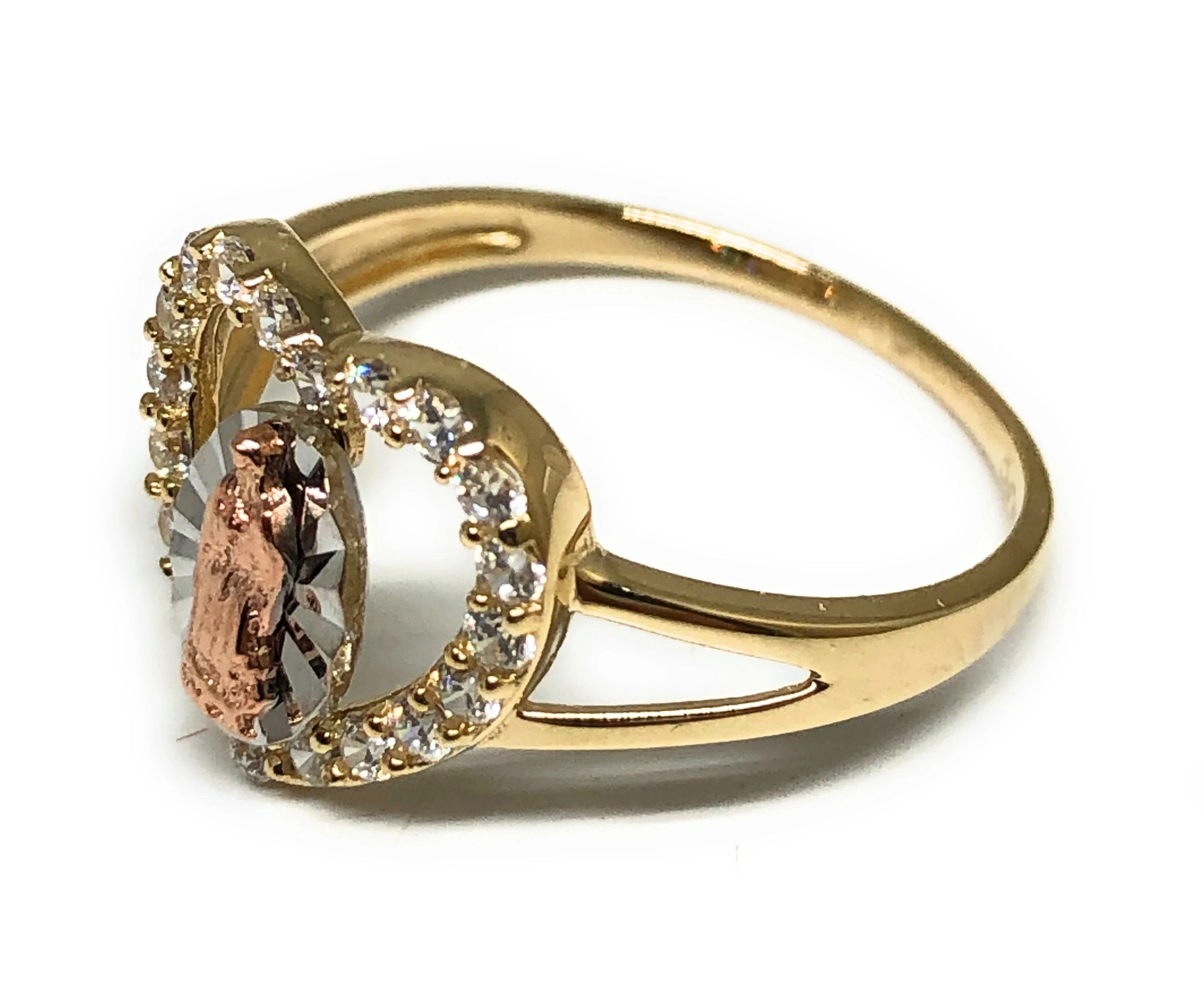 14k Solid Gold Tri-Color Virrgin Mary Heart CZ Ring (FC 209) - Image 3