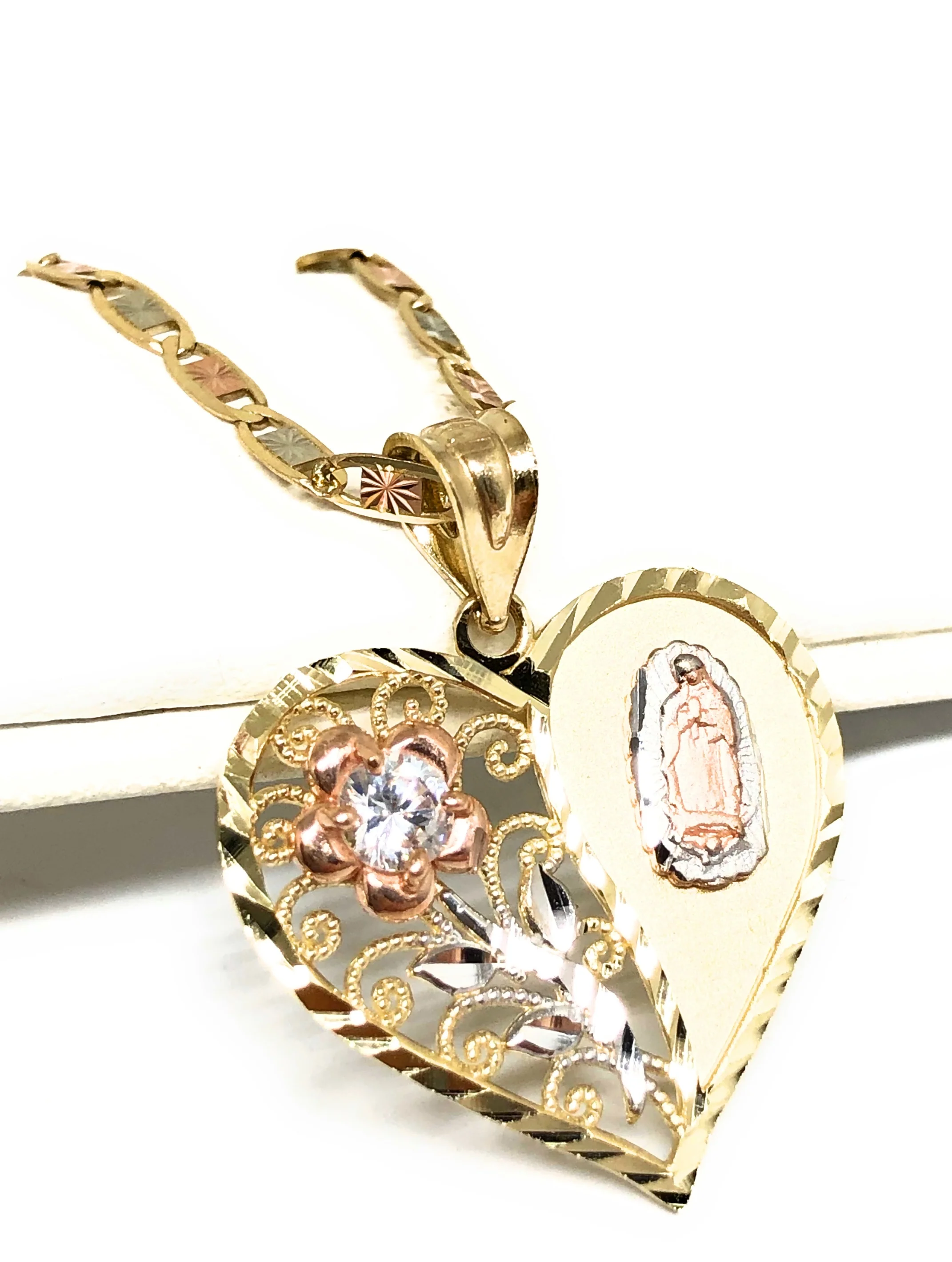 14k Solid Gold Tri-Color Virrgin Mary Heart & Flower CZ Pendant Necklace Virrgen Gaudalupe Valentina Chain