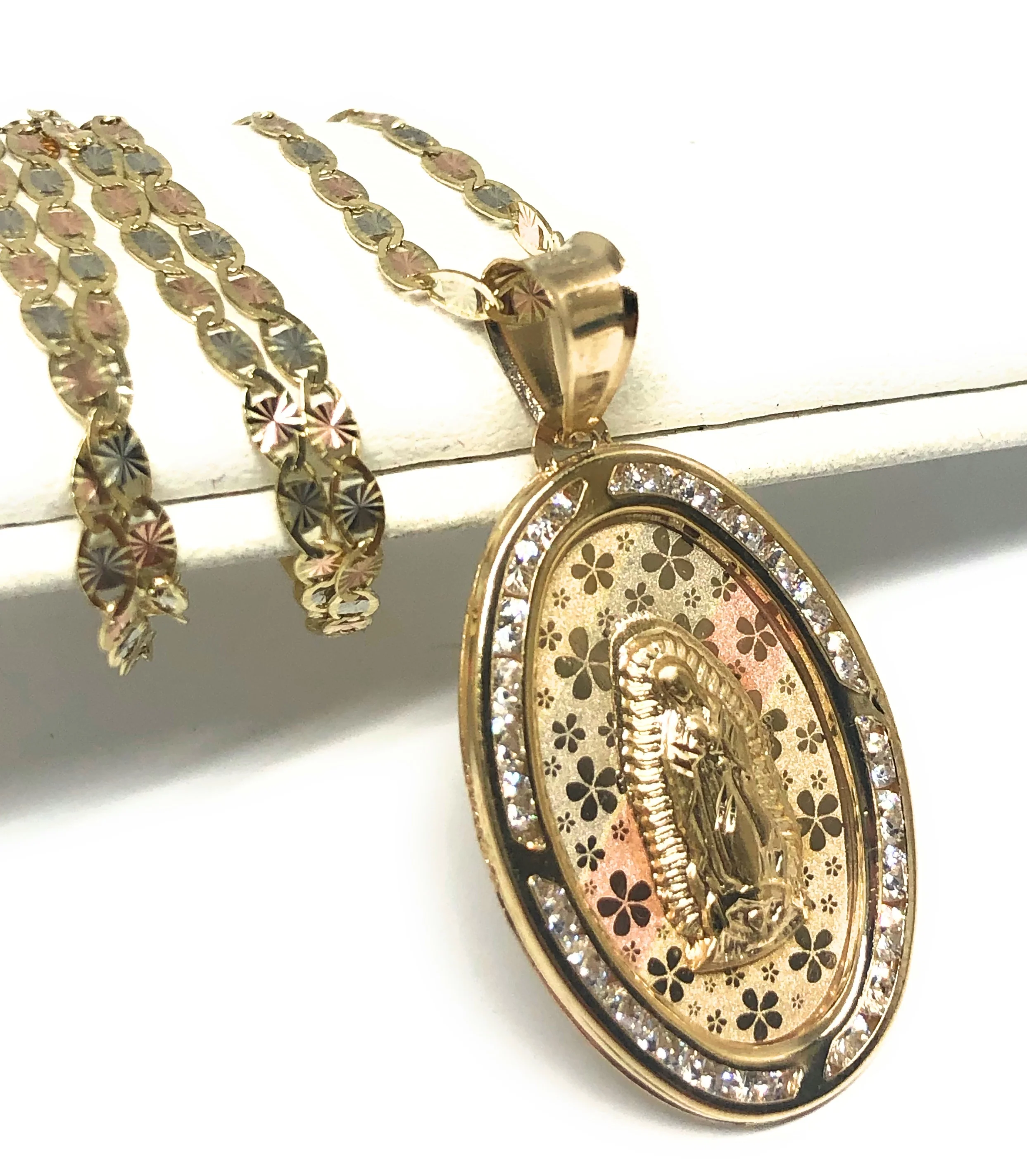 14k Solid Gold Tri-Color Virrgin Mary Oval Flower Print Pendant Necklace W/ Cubic Zirconia Virrgen Gaudalupe Valentina Chain (LG,MED) - Image 4