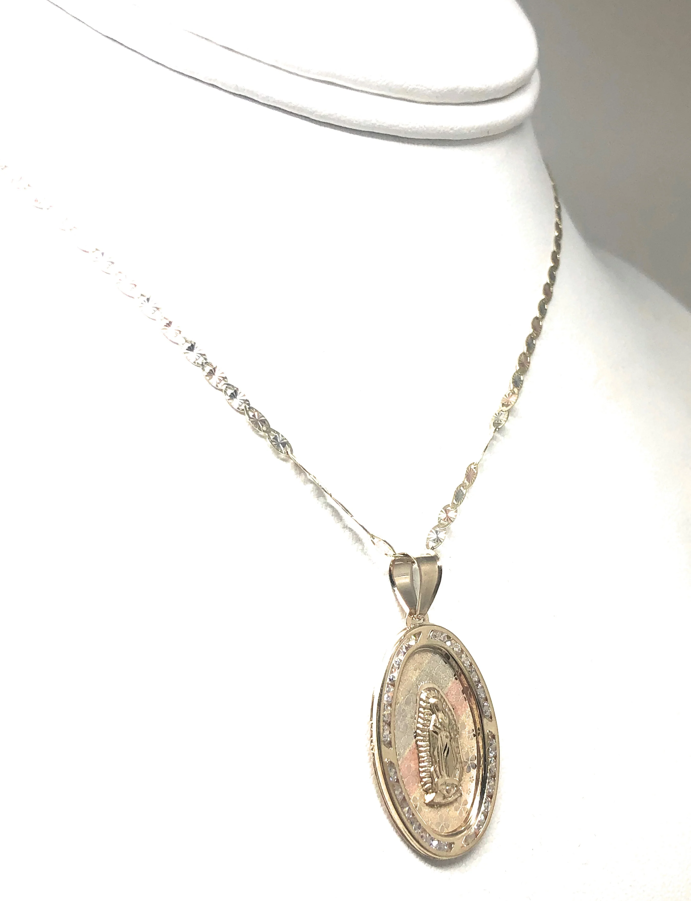 14k Solid Gold Tri-Color Virrgin Mary Oval Flower Print Pendant Necklace W/ Cubic Zirconia Virrgen Gaudalupe Valentina Chain (LG,MED) - Image 7