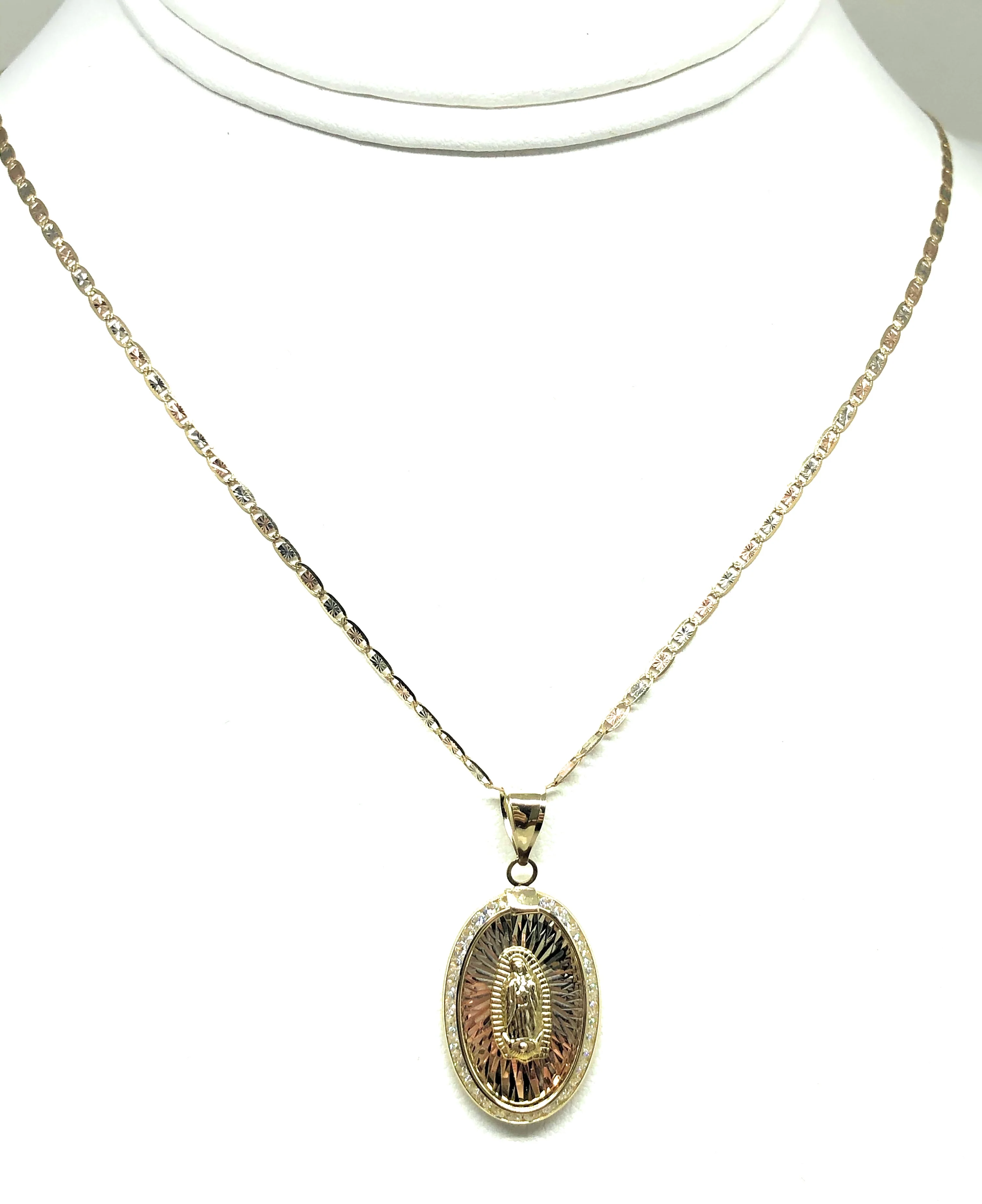 10k Solid Gold Tri-Color Virrgin Mary Oval Pendant Necklace W/ CZ Virrgen Gaudalupe Valentina Chain (MED,SM) - Image 6