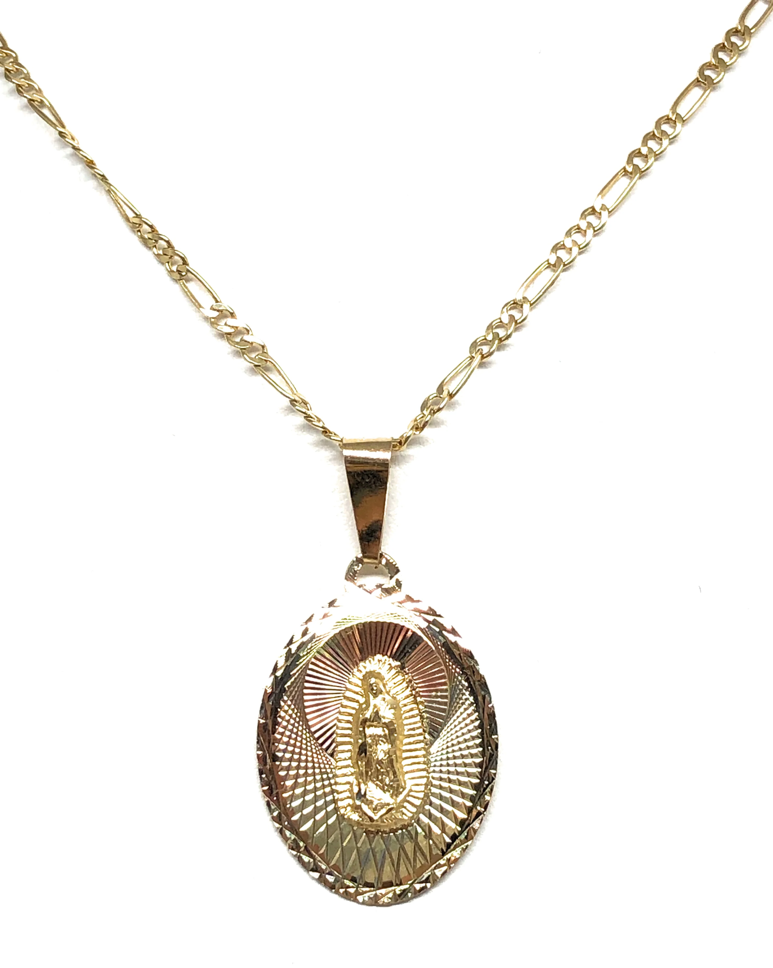 14k Solid Gold Tri-Color Virrgin Mary Oval Pendant Virrgen Guadalupe Figaro Chain (SM,MED,LG) - Image 8