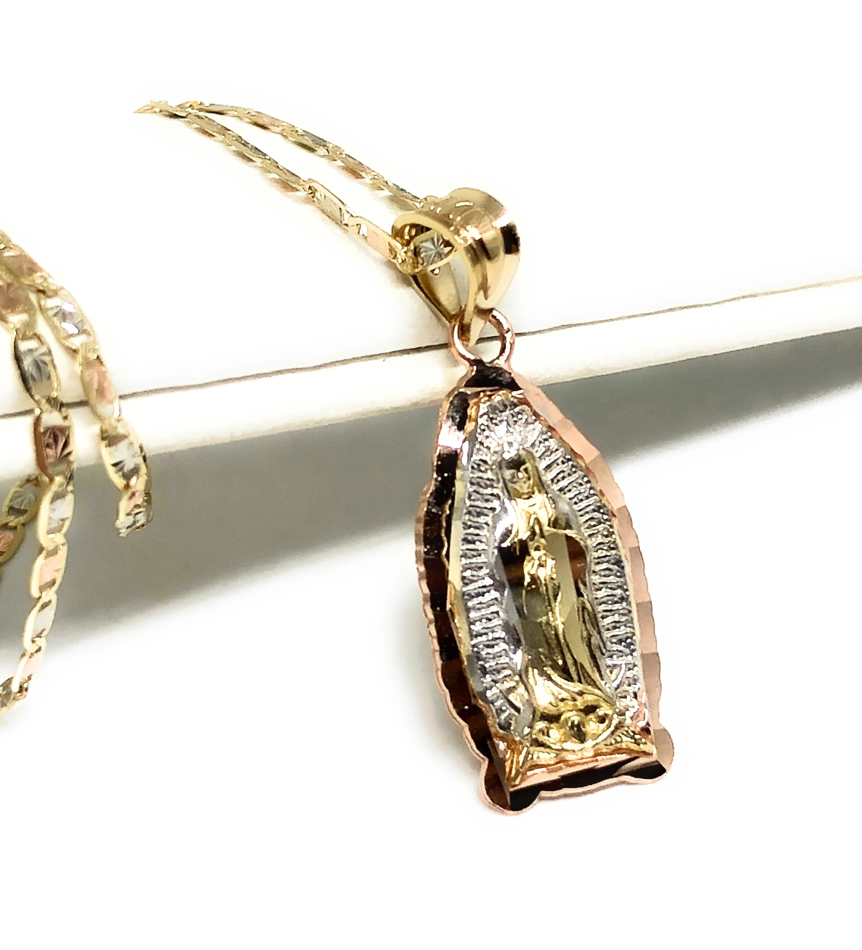 14k Solid Gold Tri-Color Virrgin Mary Pendant Virrgen Guadalupe Tri-Color Valentina Chain (SM,MED,LG) - Image 5