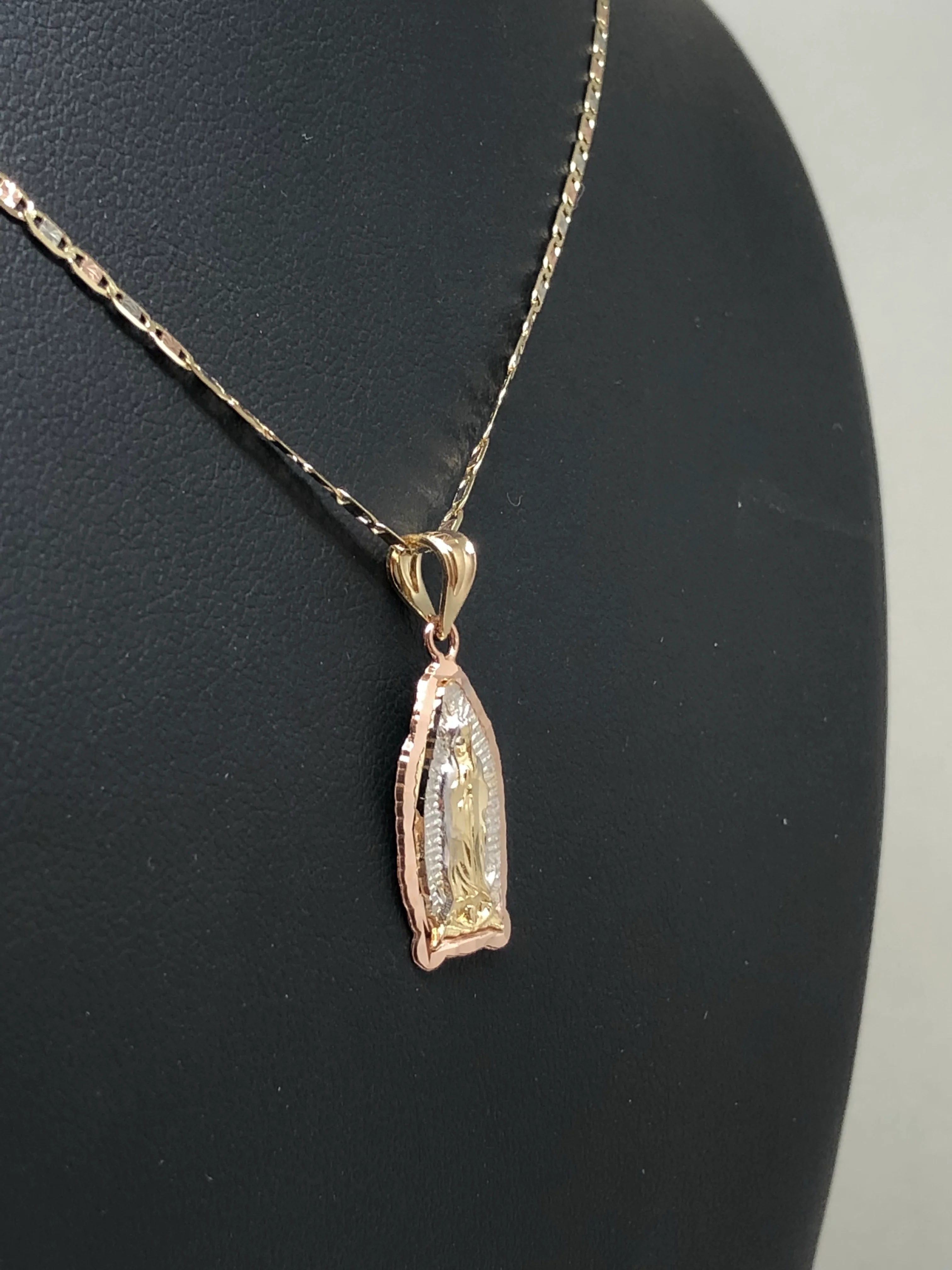14k Solid Gold Tri-Color Virrgin Mary Pendant Virrgen Guadalupe Tri-Color Valentina Chain (SM,MED,LG) - Image 8