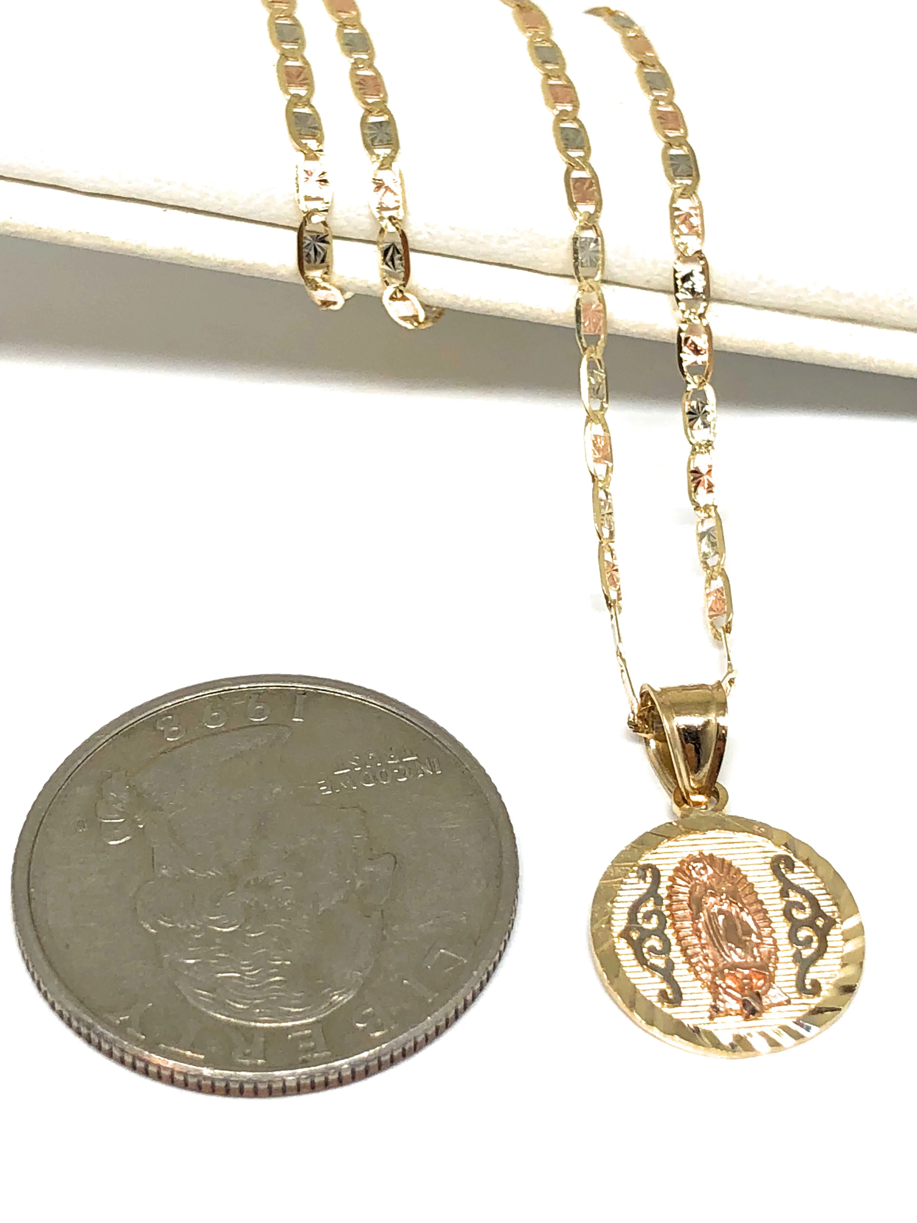 14k Solid Gold Tri-Color Virrgin Mary Pendant Virrgen Guadalupe Tri-Color Valentina Chain 1.9mm - Image 2