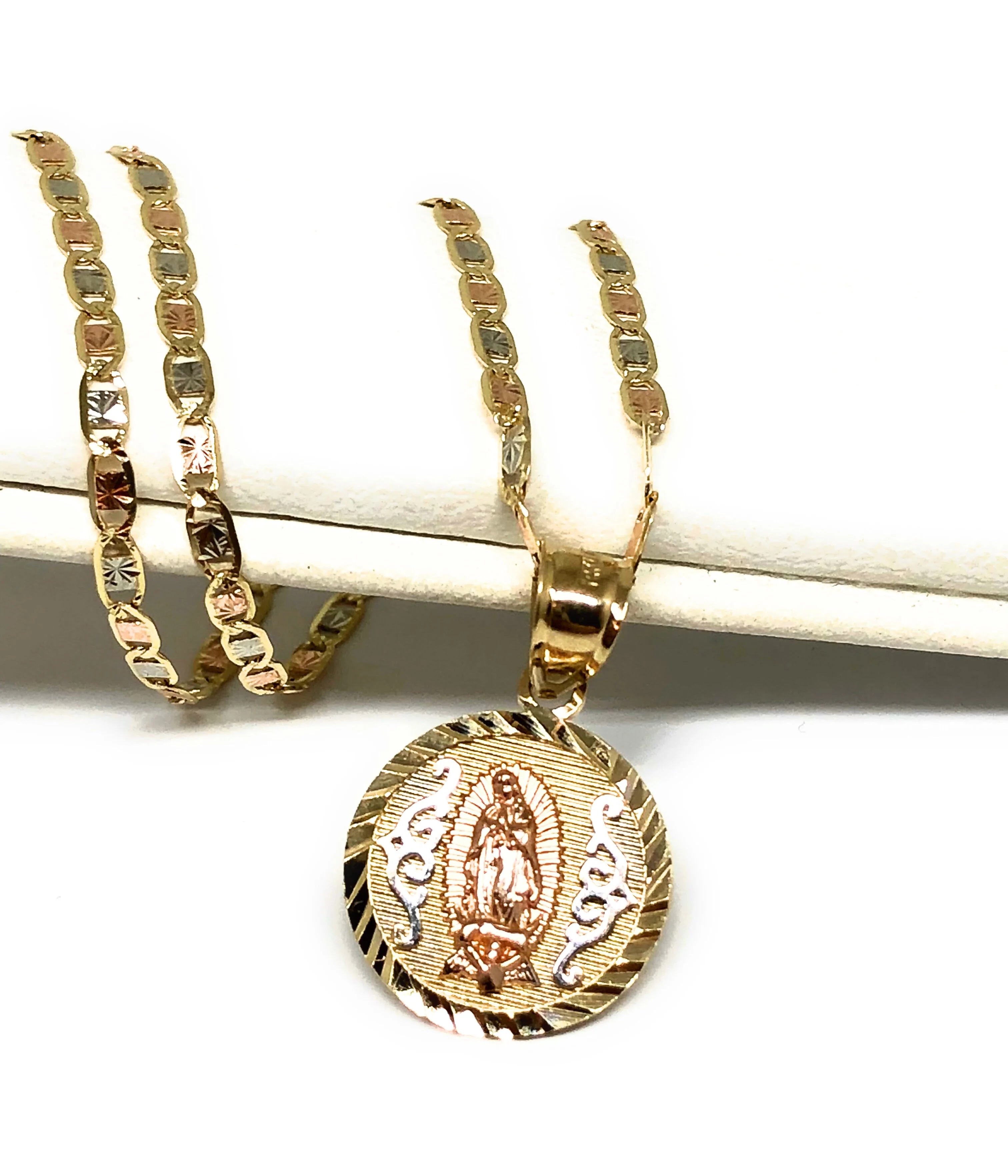 14k Solid Gold Tri-Color Virrgin Mary Pendant Virrgen Guadalupe Tri-Color Valentina Chain 1.9mm - Image 4