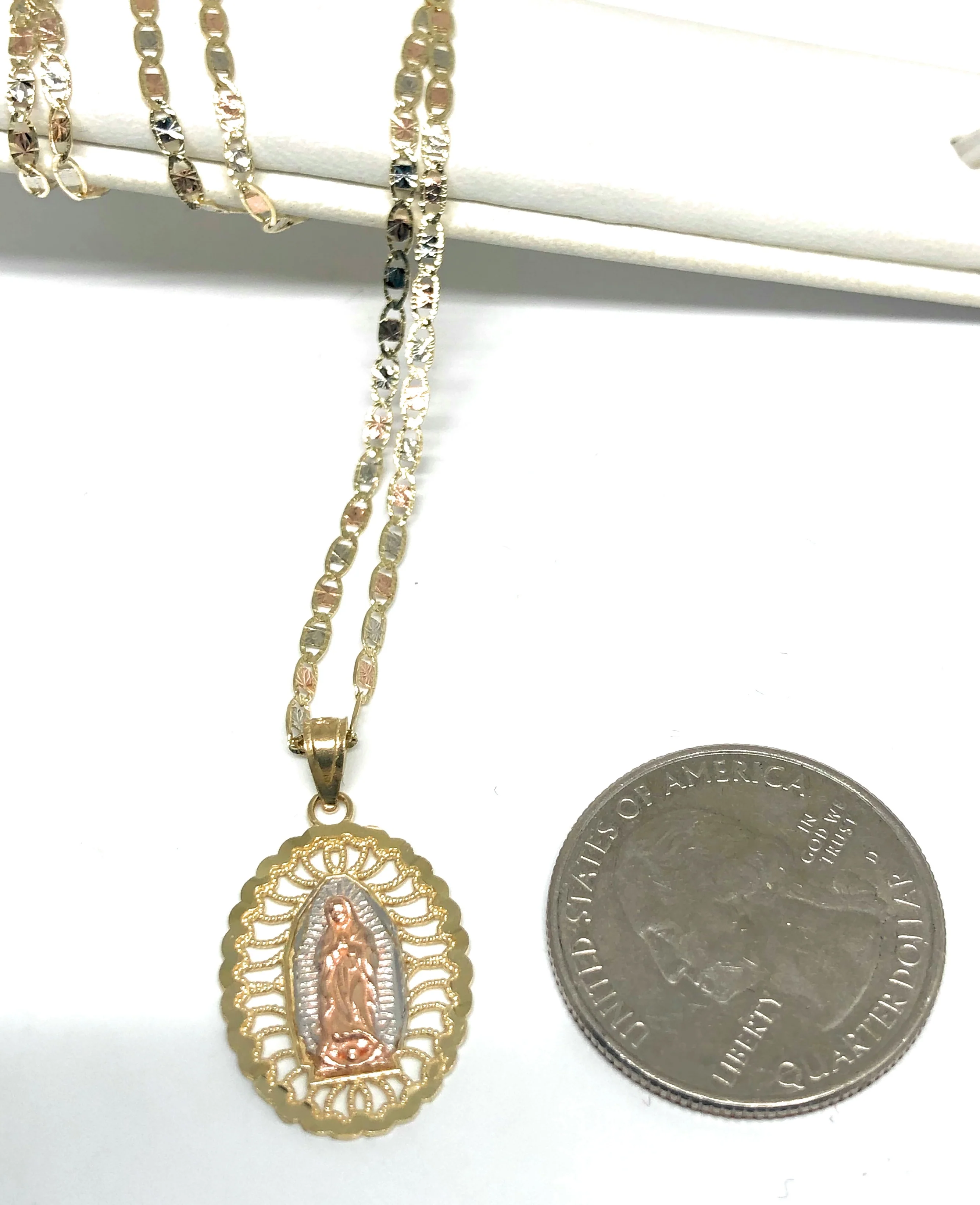 14k Solid Gold Tri-Color Virrgin Mary Pendant Virrgen Guadalupe Tri-Color Valentina Chain 1.9mm - Image 2