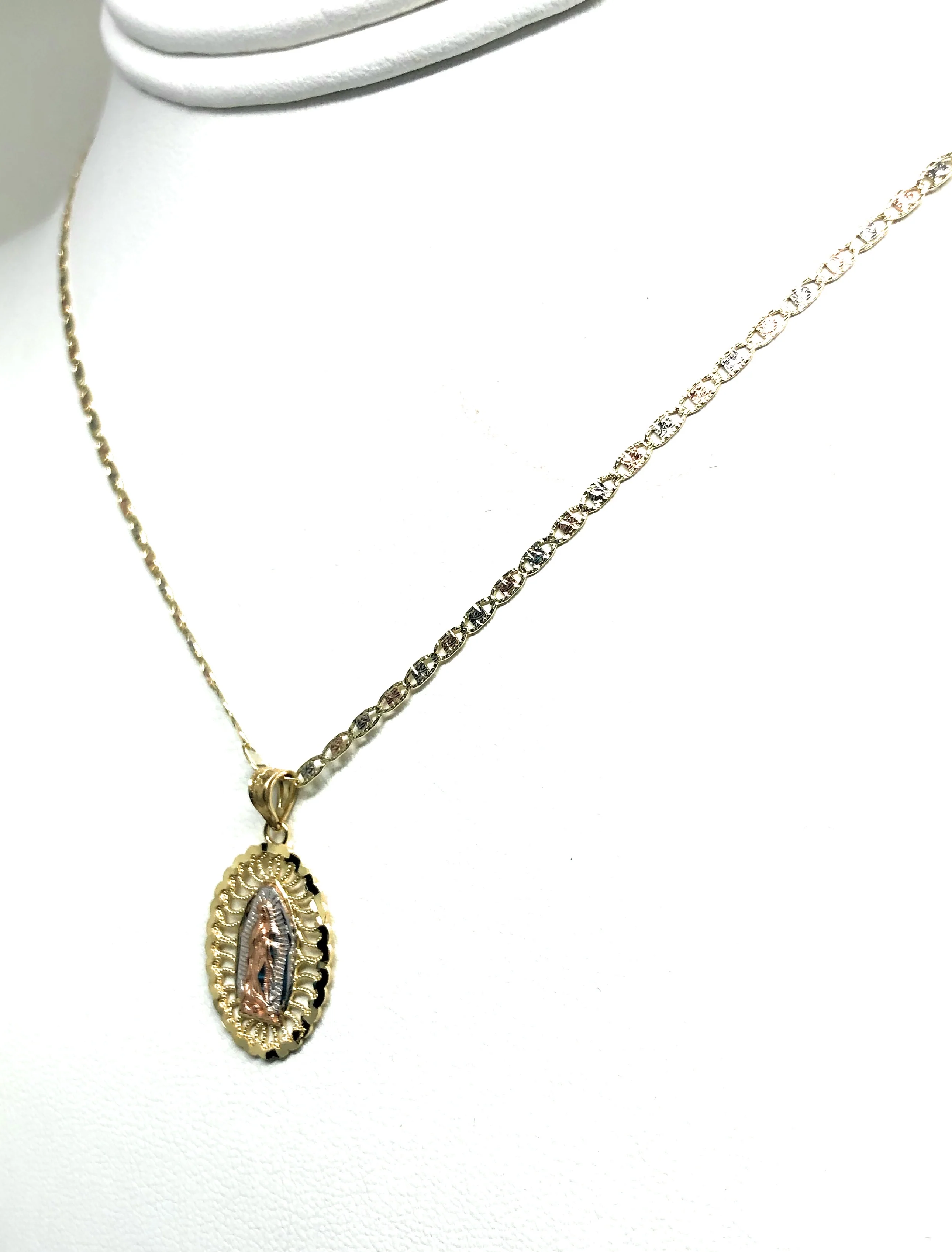 14k Solid Gold Tri-Color Virrgin Mary Pendant Virrgen Guadalupe Tri-Color Valentina Chain 1.9mm - Image 7