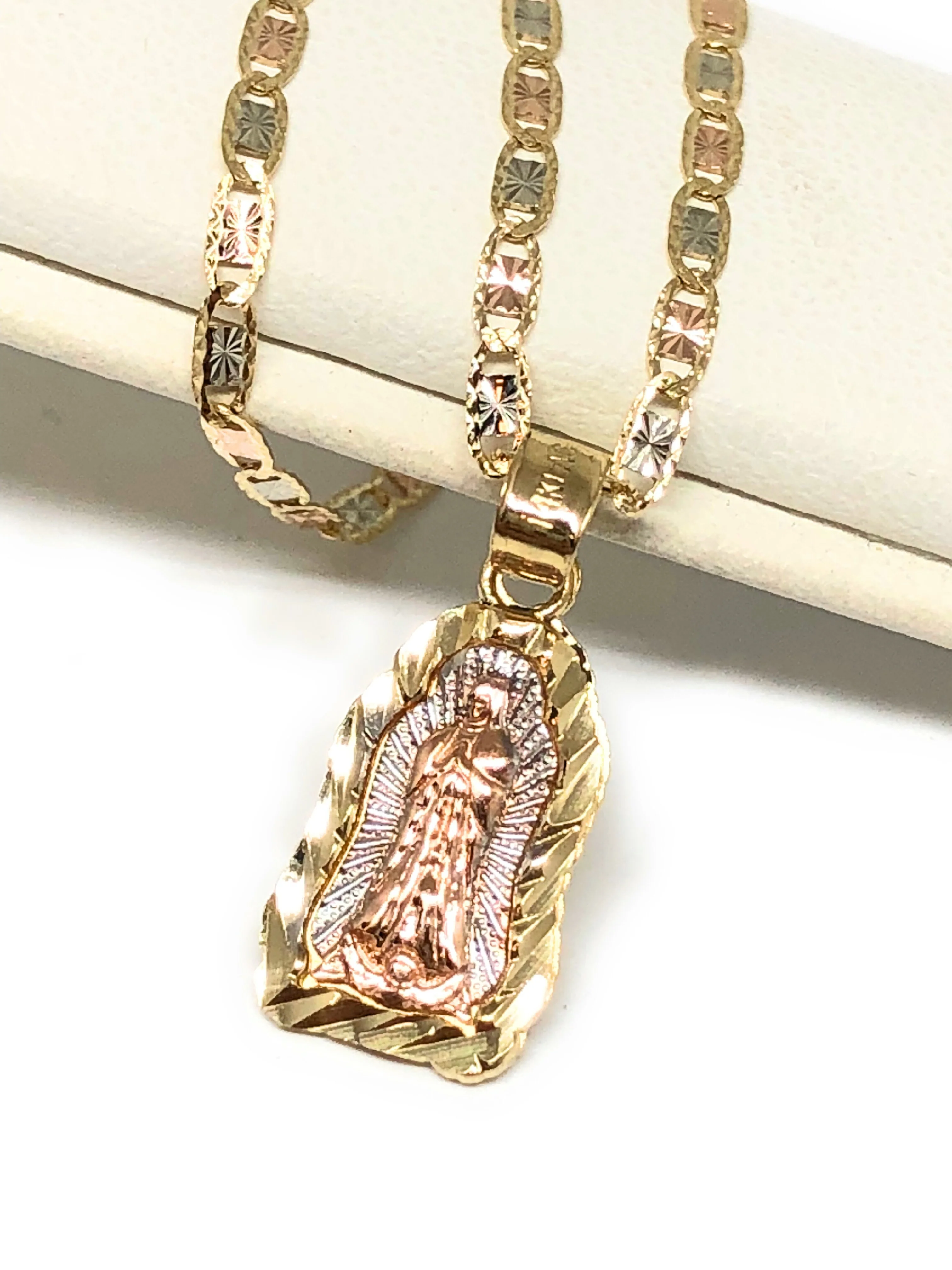 14k Solid Gold Tri-Color Virrgin Mary Pendant Virrgen Guadalupe Tri-Color Valentina Chain 1.9mm - Image 3
