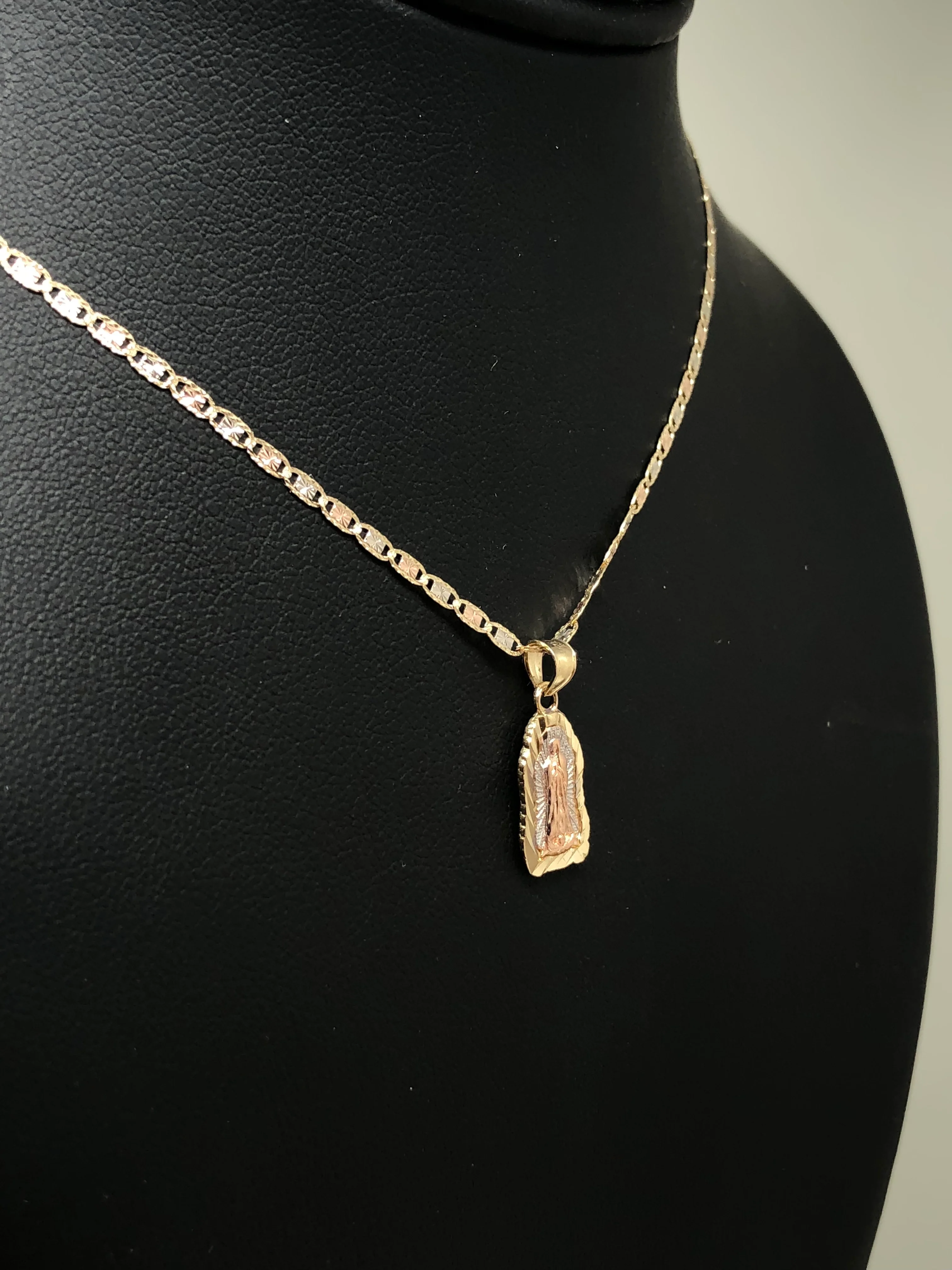 14k Solid Gold Tri-Color Virrgin Mary Pendant Virrgen Guadalupe Tri-Color Valentina Chain 1.9mm - Image 6