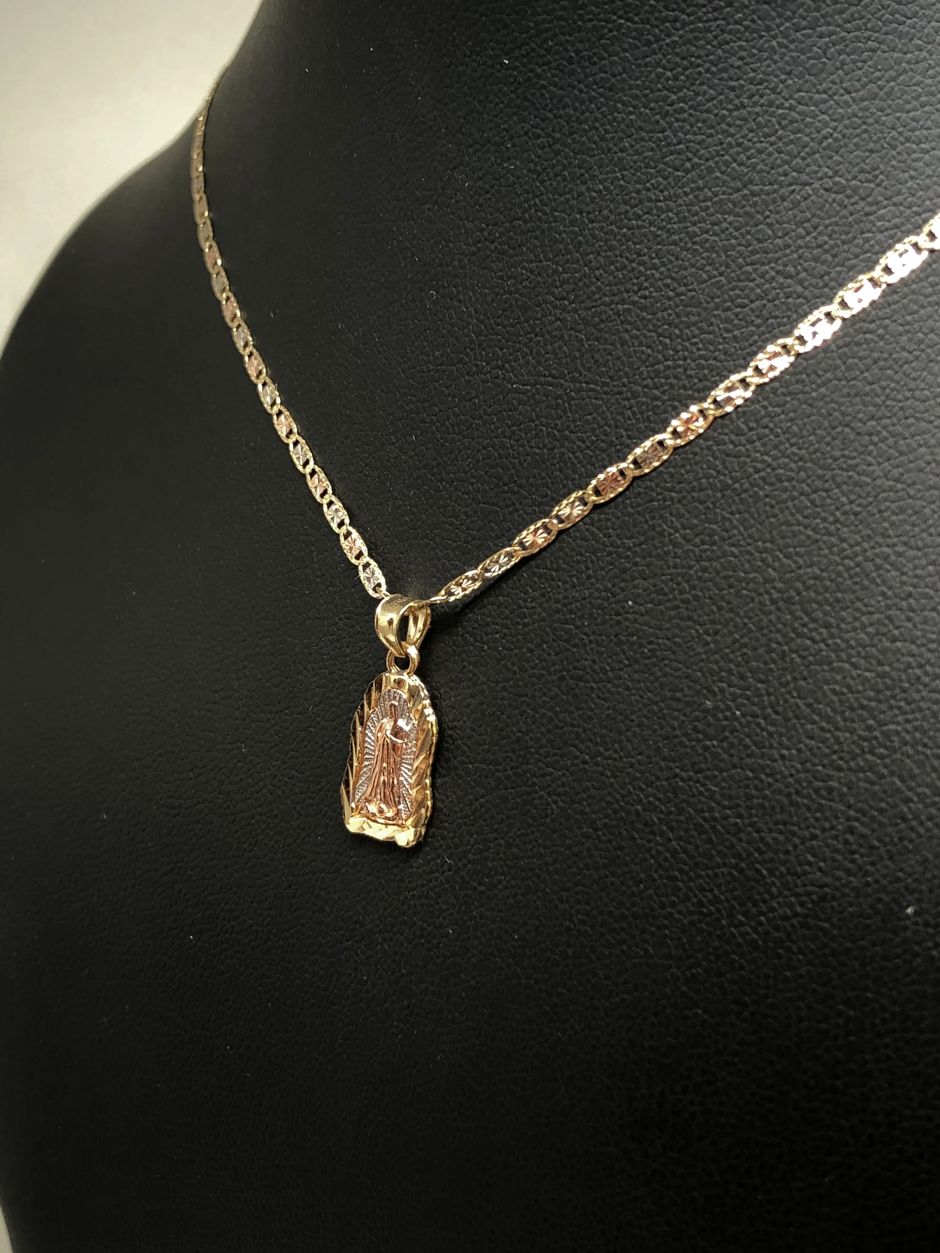 14k Solid Gold Tri-Color Virrgin Mary Pendant Virrgen Guadalupe Tri-Color Valentina Chain 1.9mm - Image 7