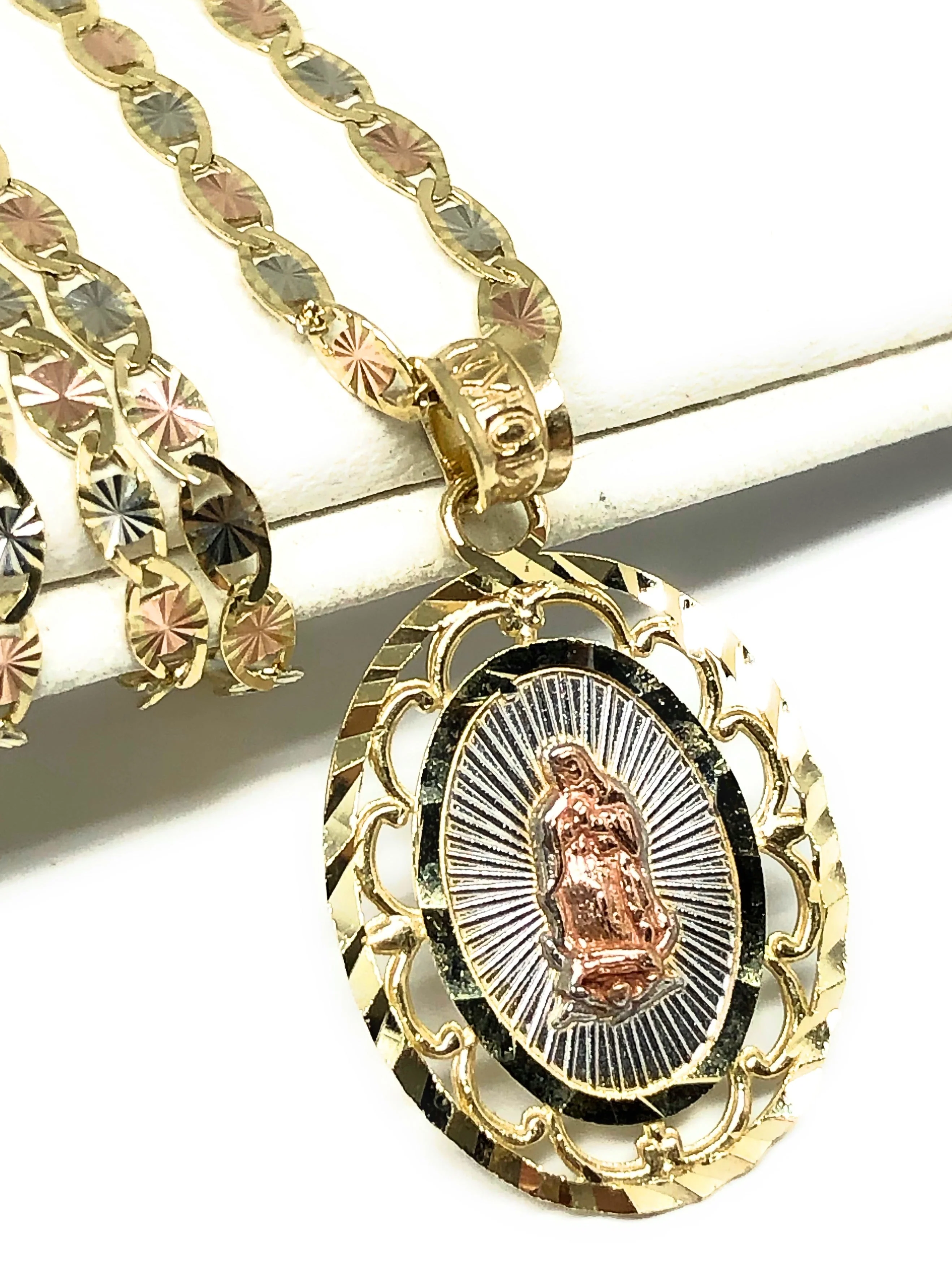 14k Solid Gold Tri-Color Virrgin Mary Pendant Virrgen Guadalupe Valentina Chain