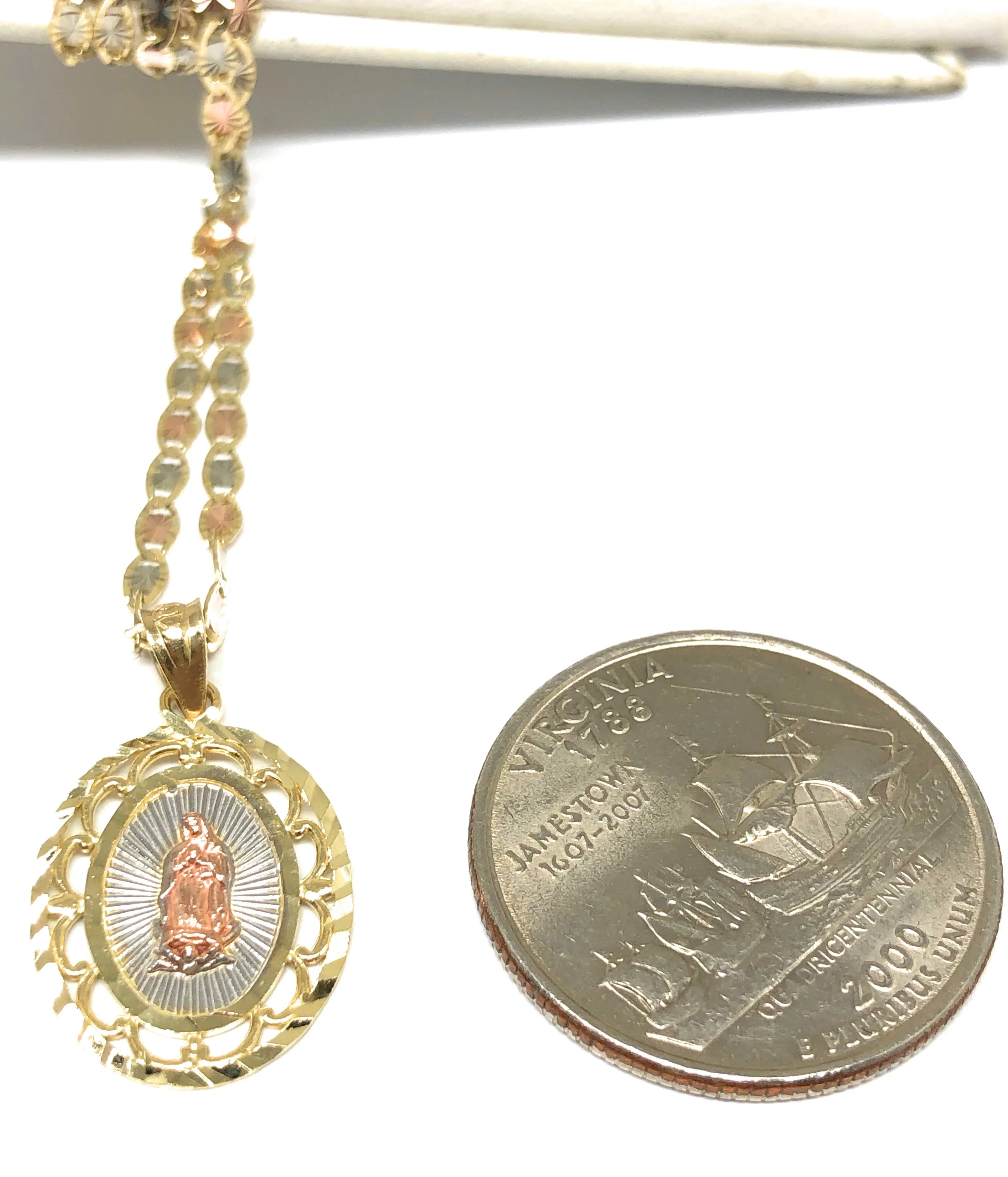 14k Solid Gold Tri-Color Virrgin Mary Pendant Virrgen Guadalupe Valentina Chain - Image 2