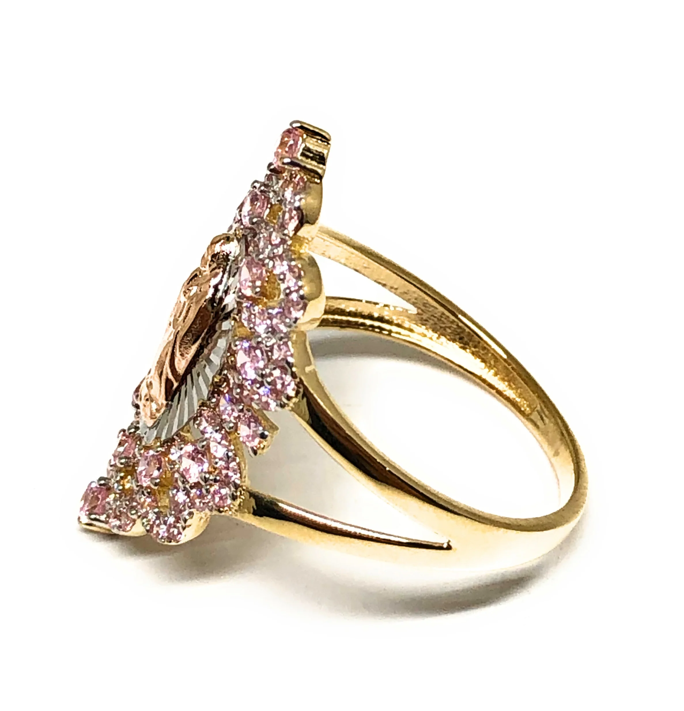 14k Solid Gold Tri-Color Virrgin Mary Pink CZ Fancy Ring - Image 2