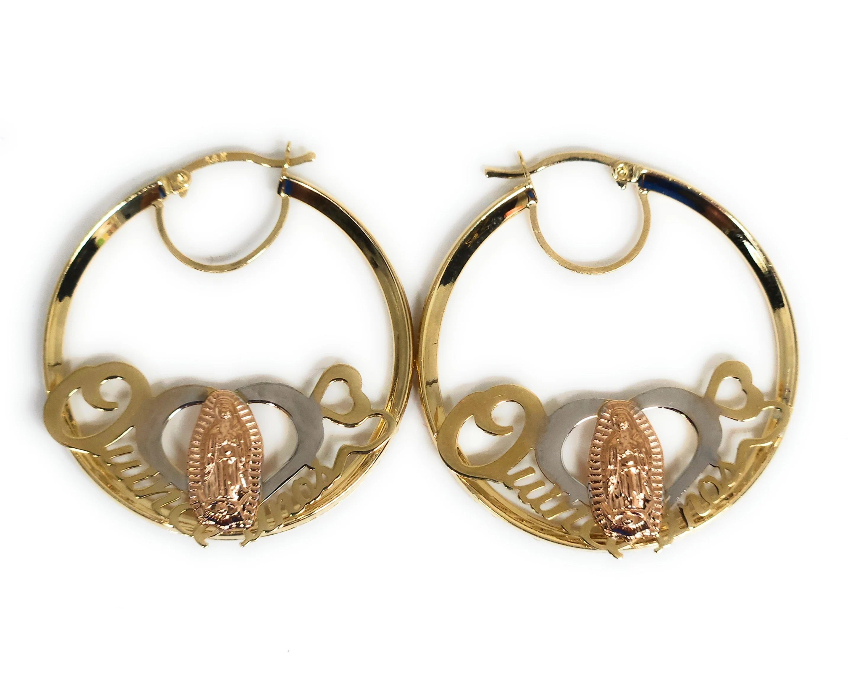 14k Solid Gold Tri-Color Virrgin Mary QUINCE AÑOS CZ Hoop Earrings - Image 3