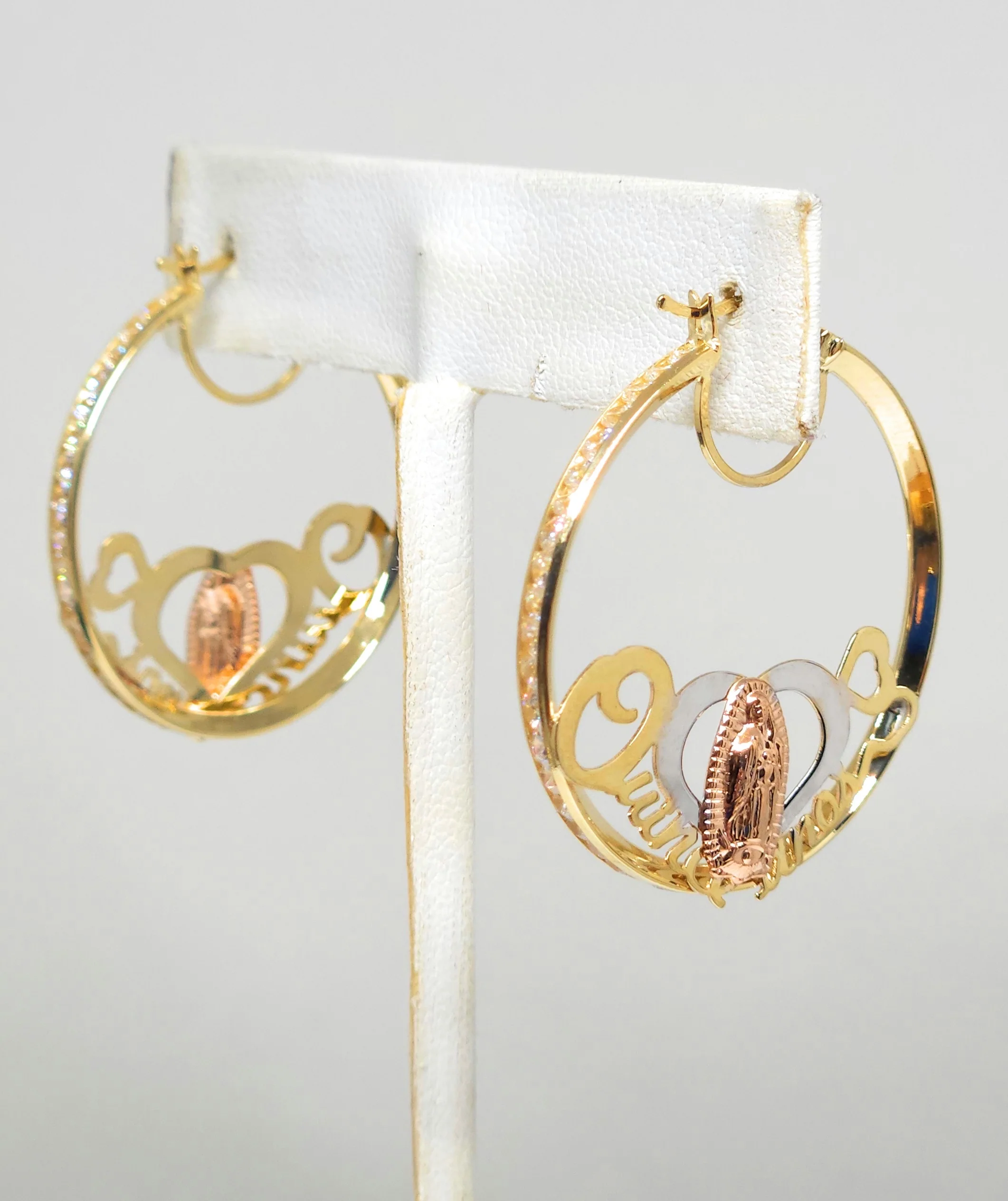14k Solid Gold Tri-Color Virrgin Mary QUINCE AÑOS CZ Hoop Earrings - Image 6