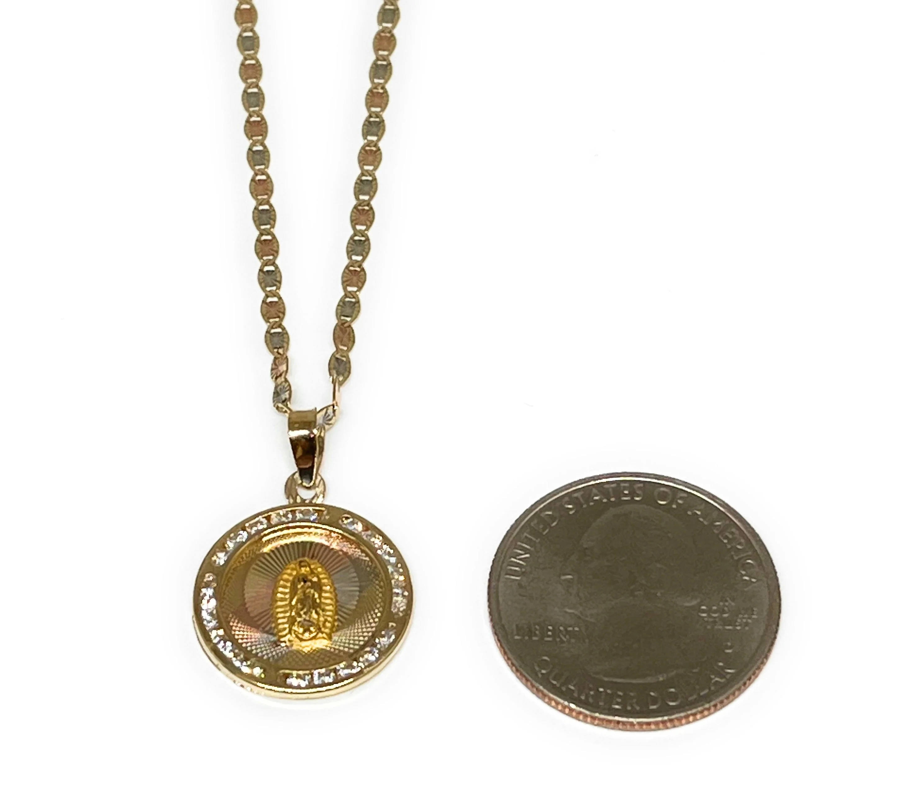 14k Solid Gold Tri-Color Virrgin Mary Round Pendant Necklace W/ CZ Virrgen Gaudalupe (MED, SM, XS) - Image 2