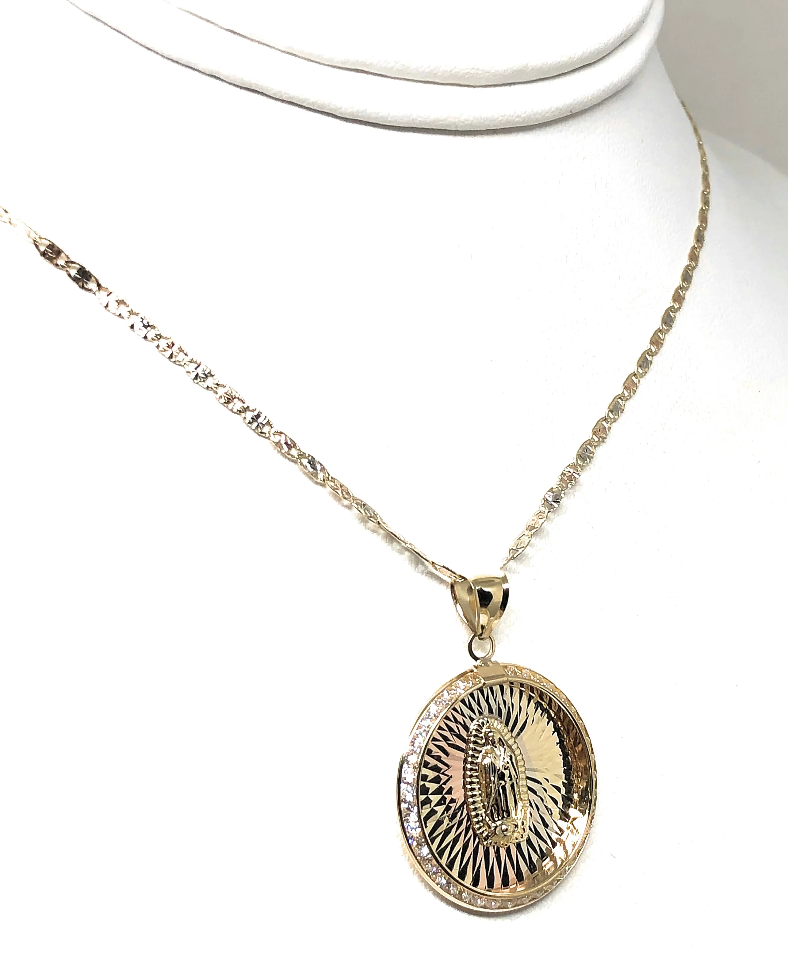 14k Solid Gold Tri-Color Virrgin Mary Round Pendant Virrgen Guadalupe Valentina Chain (LG) - Image 6
